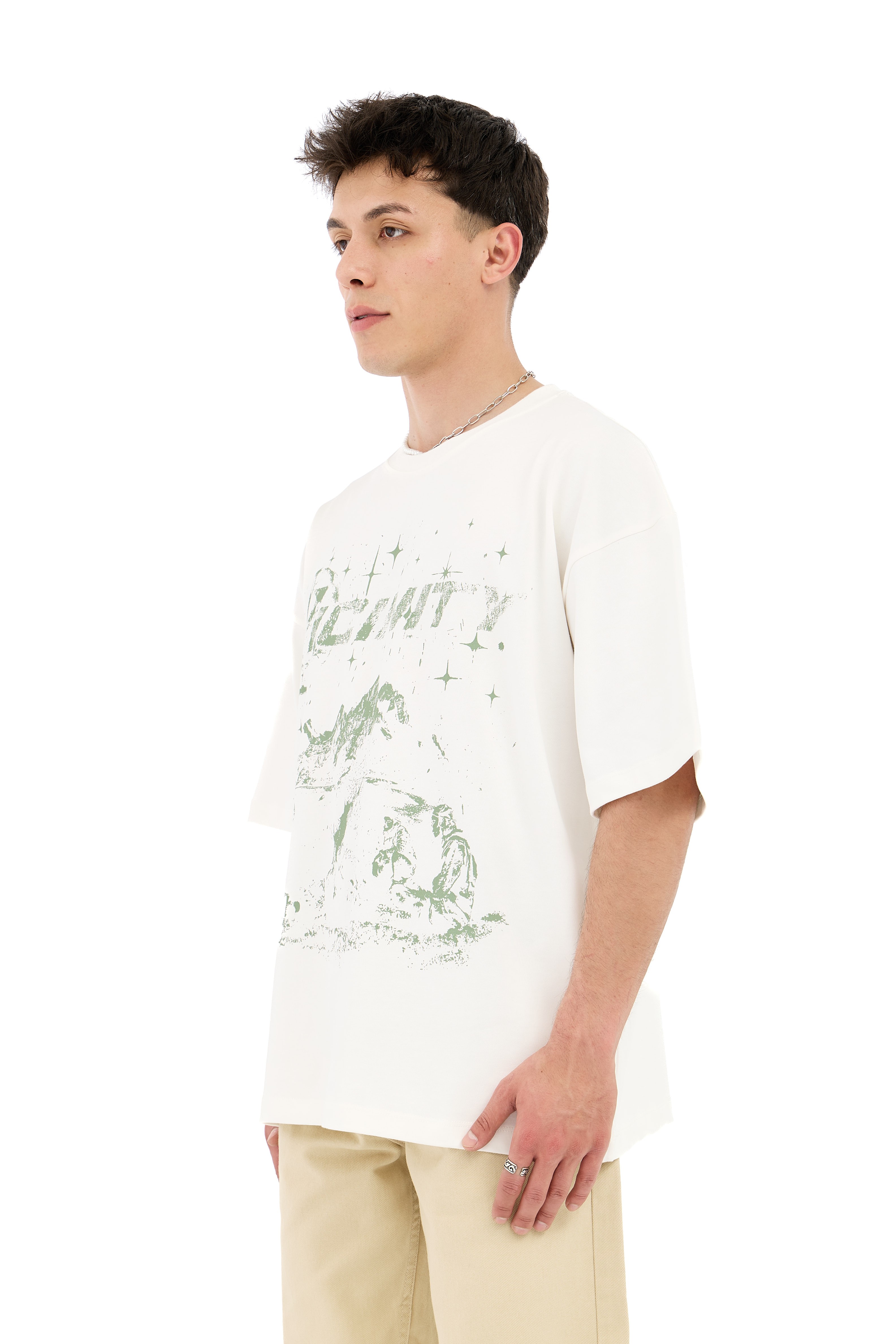 Hidden Hill Baskılı Oversize Krem Tişört 