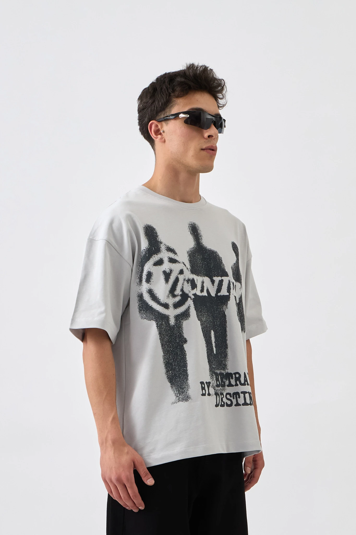 Shadow Print Oversize Baskılı Tişört - KOZMİK GRİ