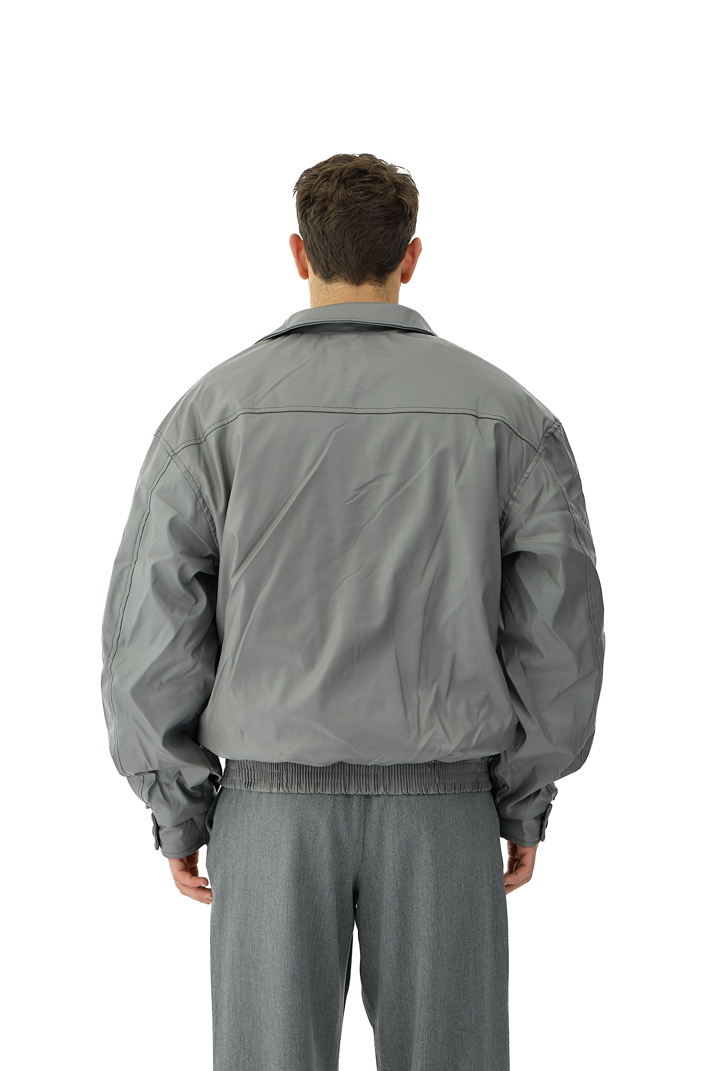 90's Oversize Bomber Deri Ceket - GRİ