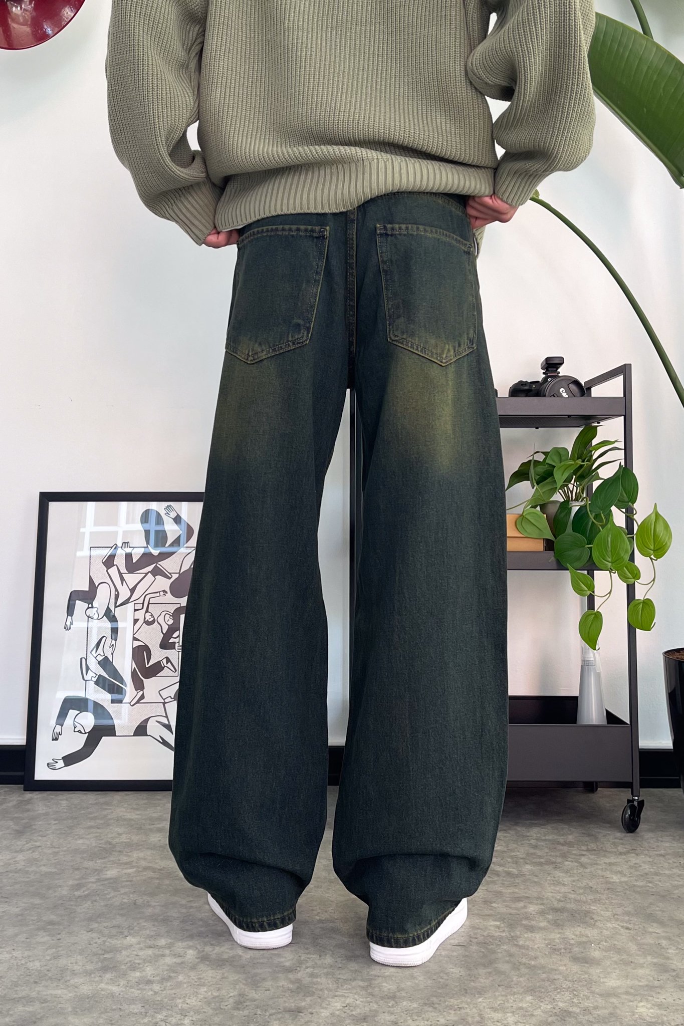 Çizgili Washed Yeşil Baggy Jean