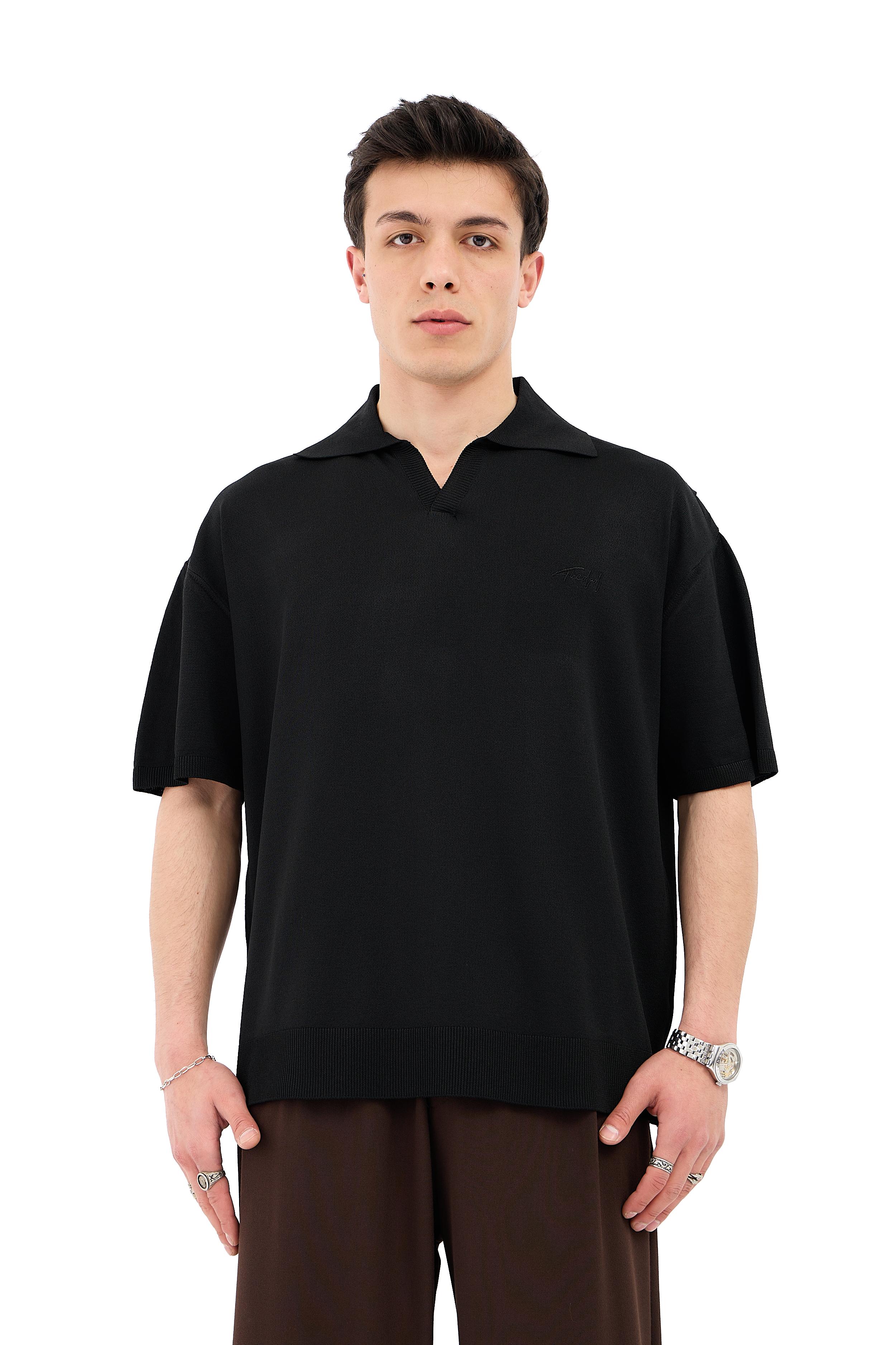 Crep Kumaş Polo Yaka Oversize Triko Tişört - SİYAH