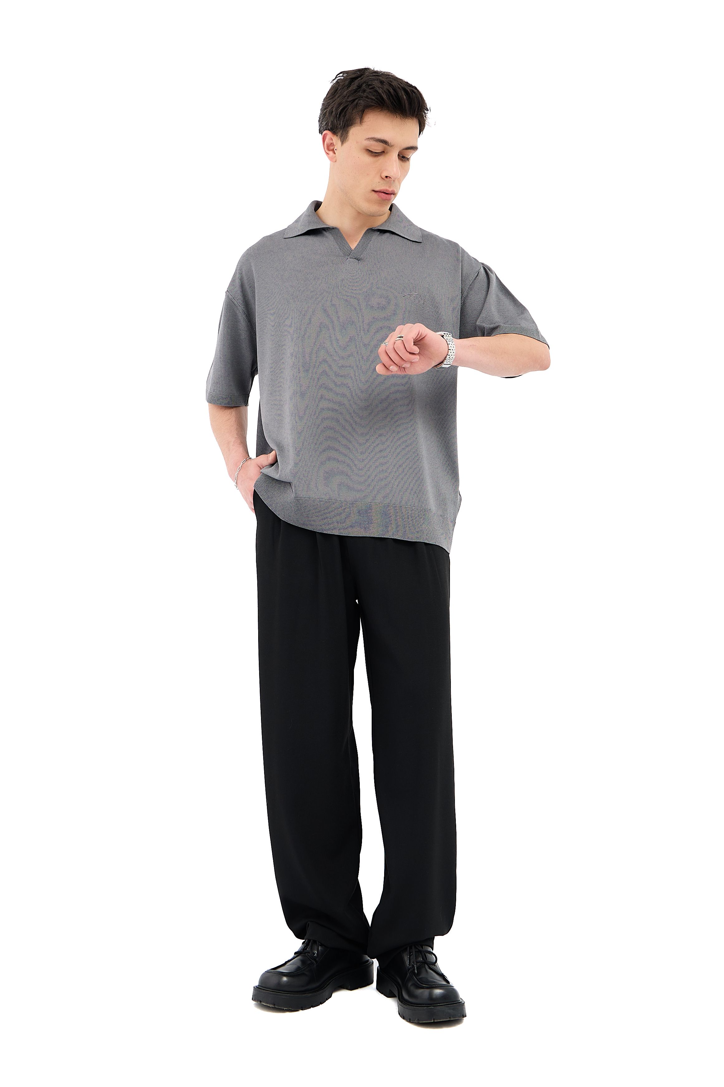 Crep Kumaş Polo Yaka Oversize Triko Tişört - ANTRASİT