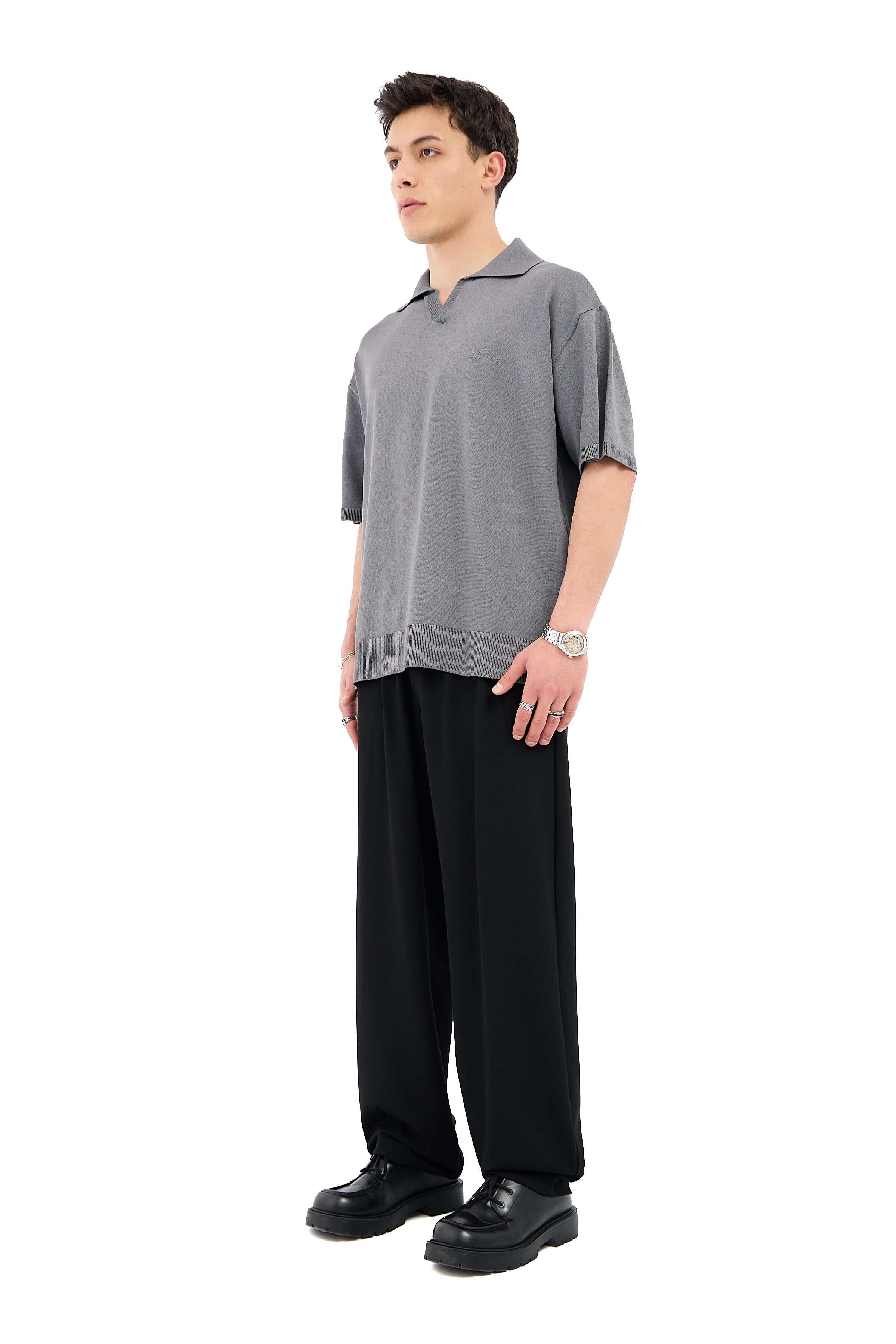Crep Kumaş Polo Yaka Oversize Triko Tişört - ANTRASİT