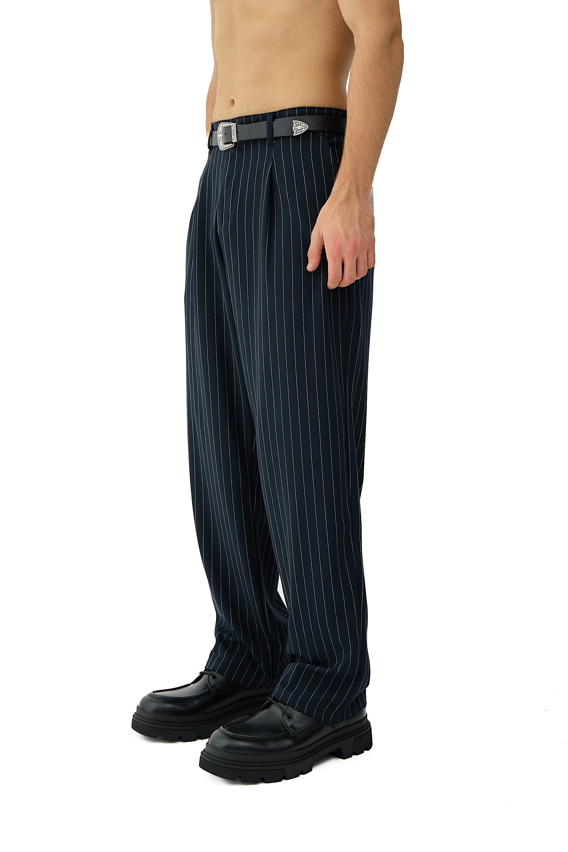 Kalın Tuşeli Çizgili Detay Baggy Fit Kumaş Pantolon - LACİVERT