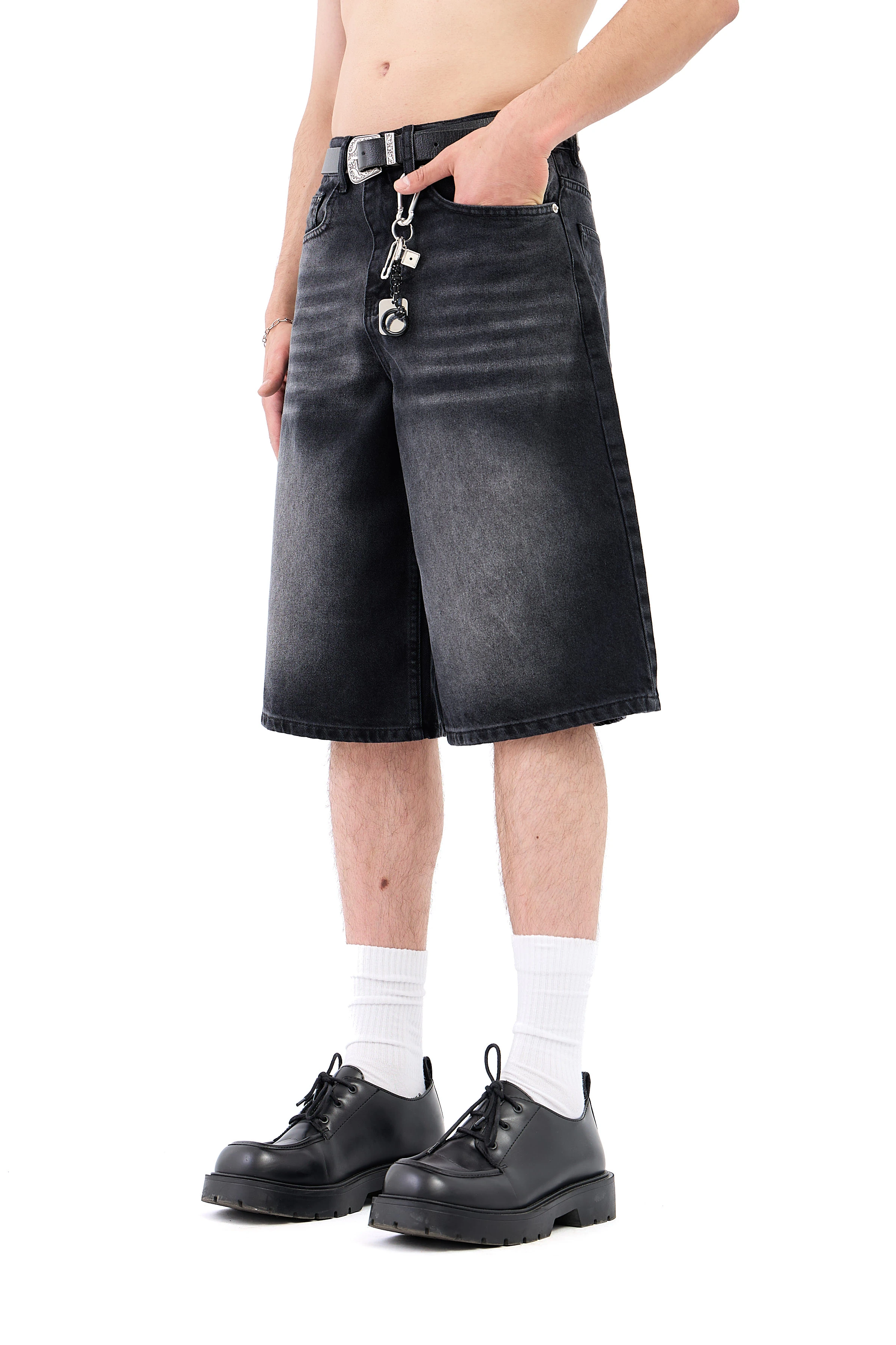 Çizgili Soldurma Efekt Baggy Jean Şhort