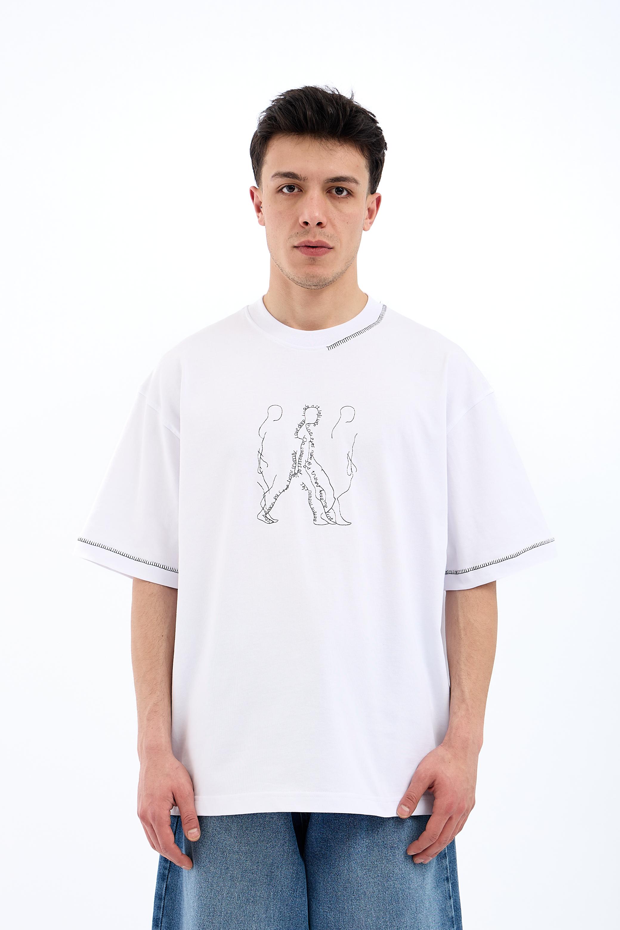 LineArt Nakışlı Premium Oversize Tişört - BEYAZ