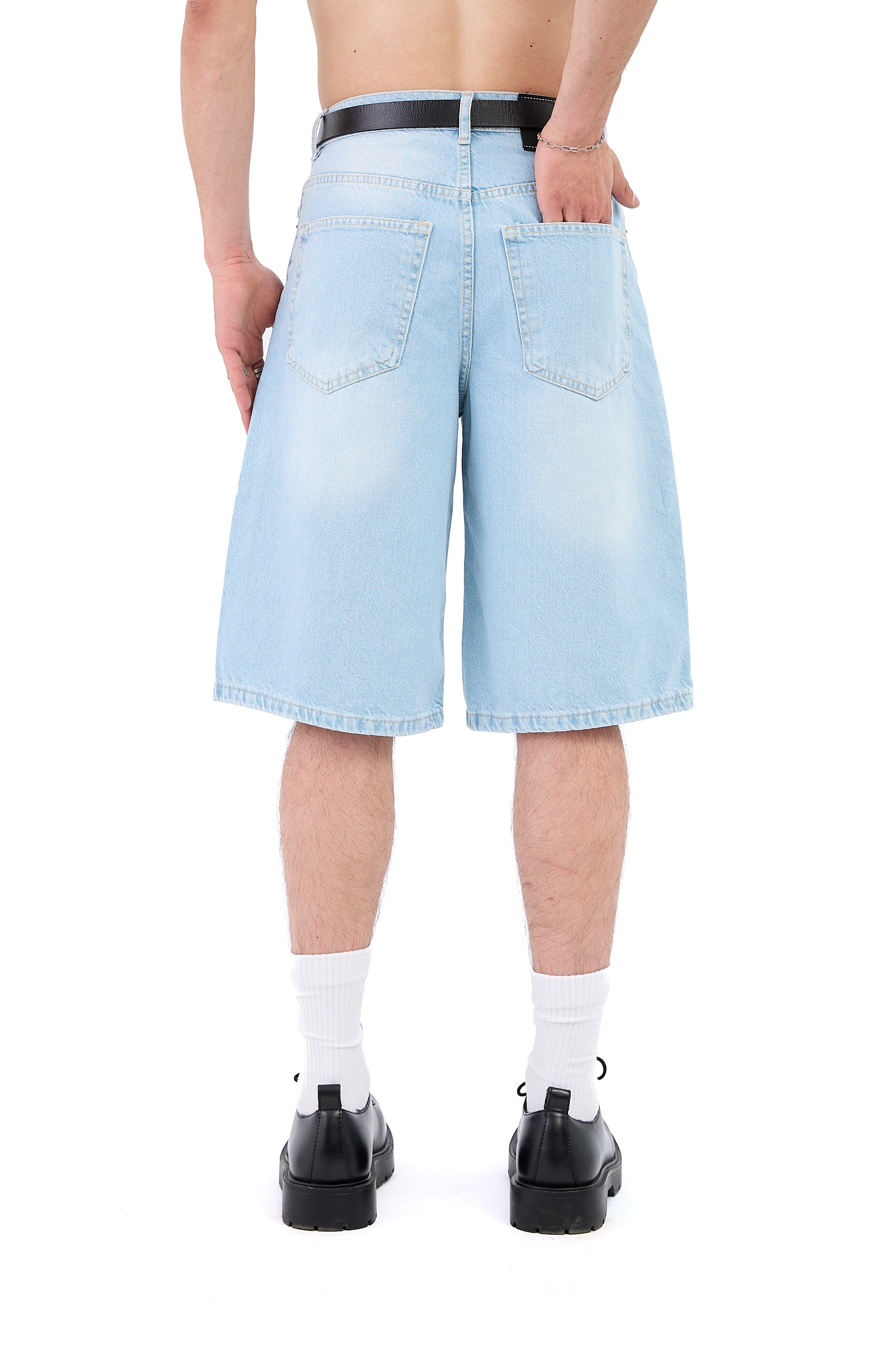 Çizgili Soldurma Efekt Baggy Jean Şhort - MAVİ