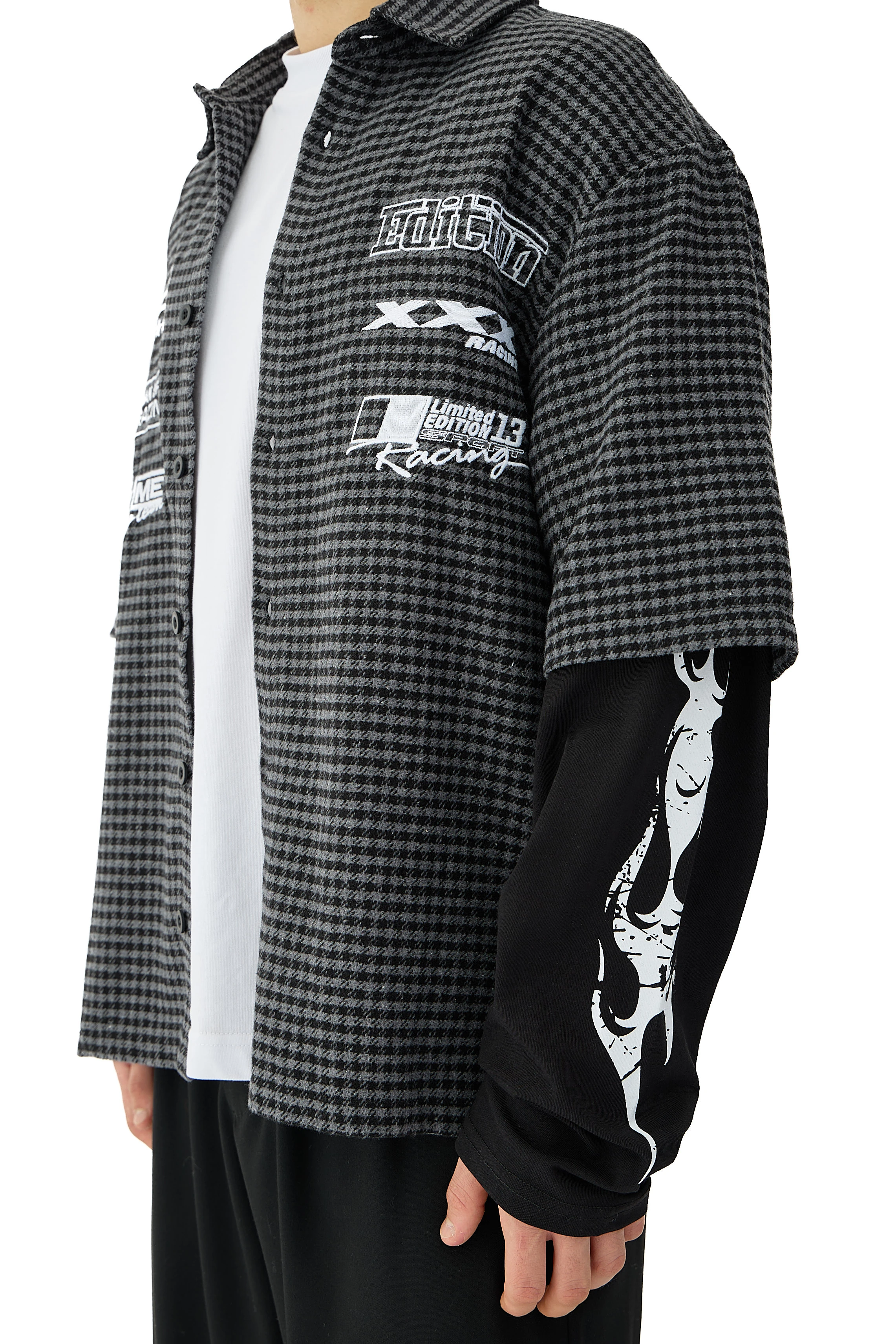 Race Nakış & Tribal Baskı Detaylı Ekoseli Longsleeve Gömlek