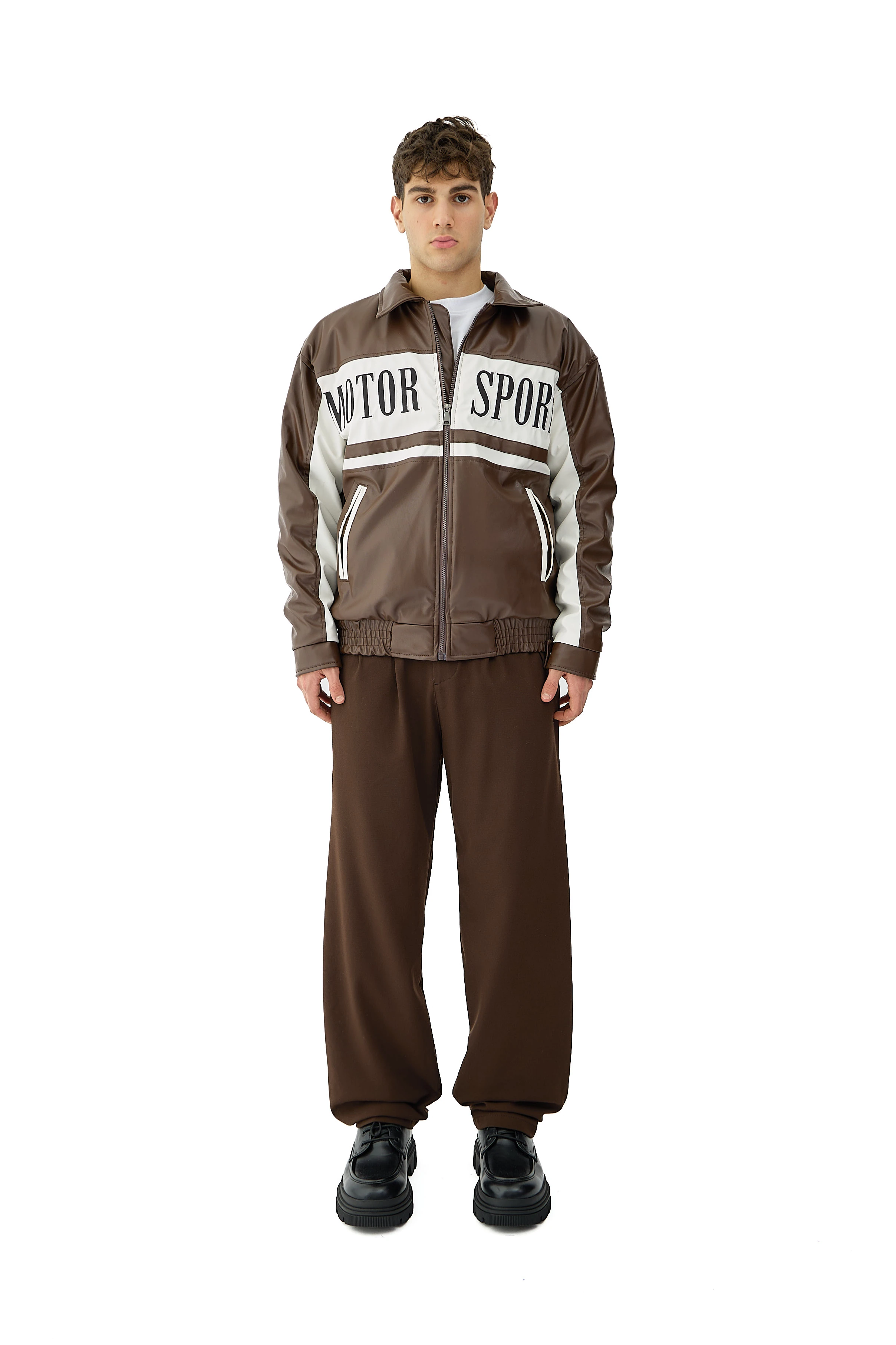 Motor Spor Nakış Detaylı Bomber Deri Ceket  - KAHVERENGİ