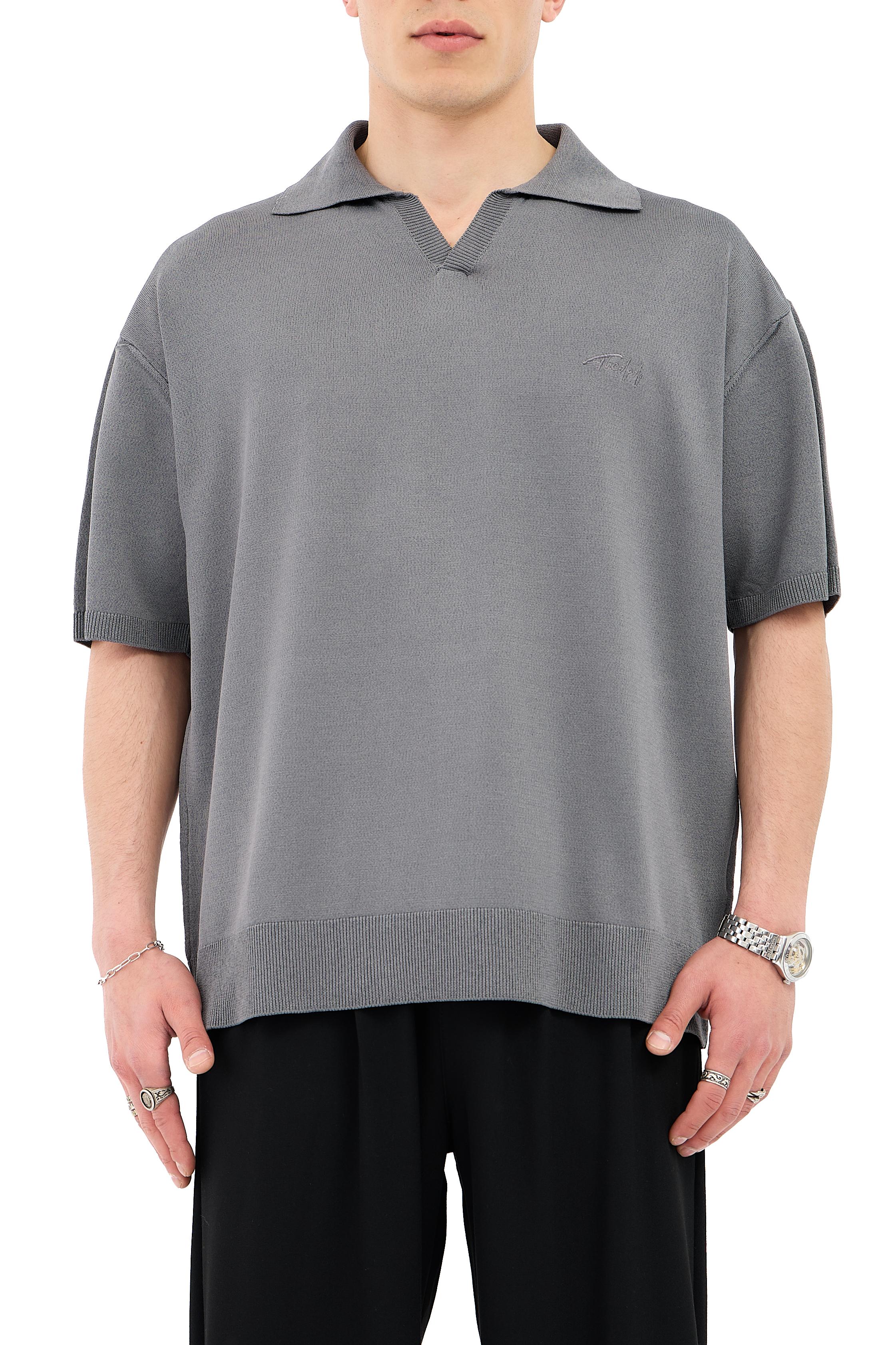 Crep Kumaş Polo Yaka Oversize Triko Tişört - ANTRASİT