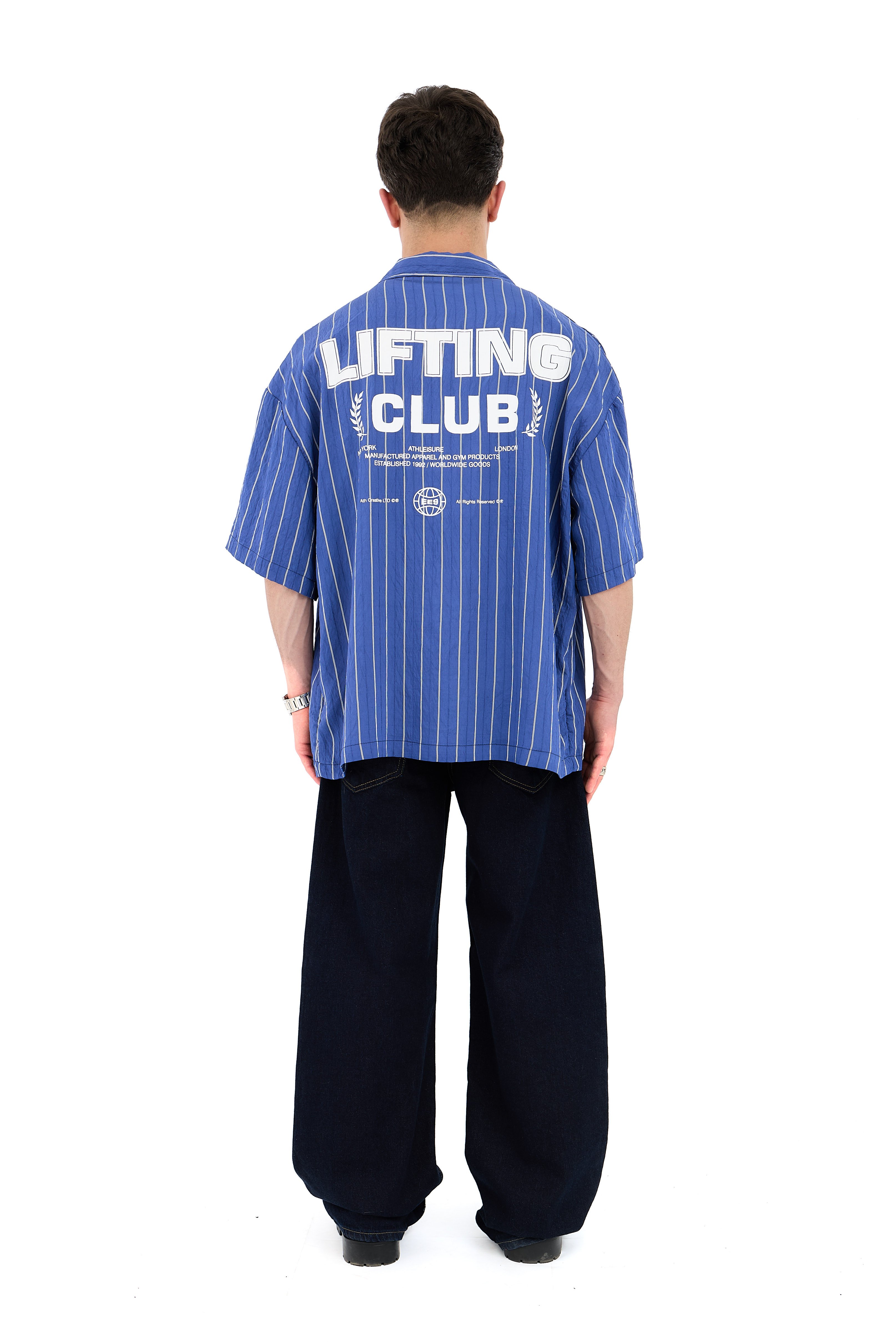 Lifting Club Baskı Detay Çizgili Kısa Kol Gömlek  - PARLEMENT MAVİ