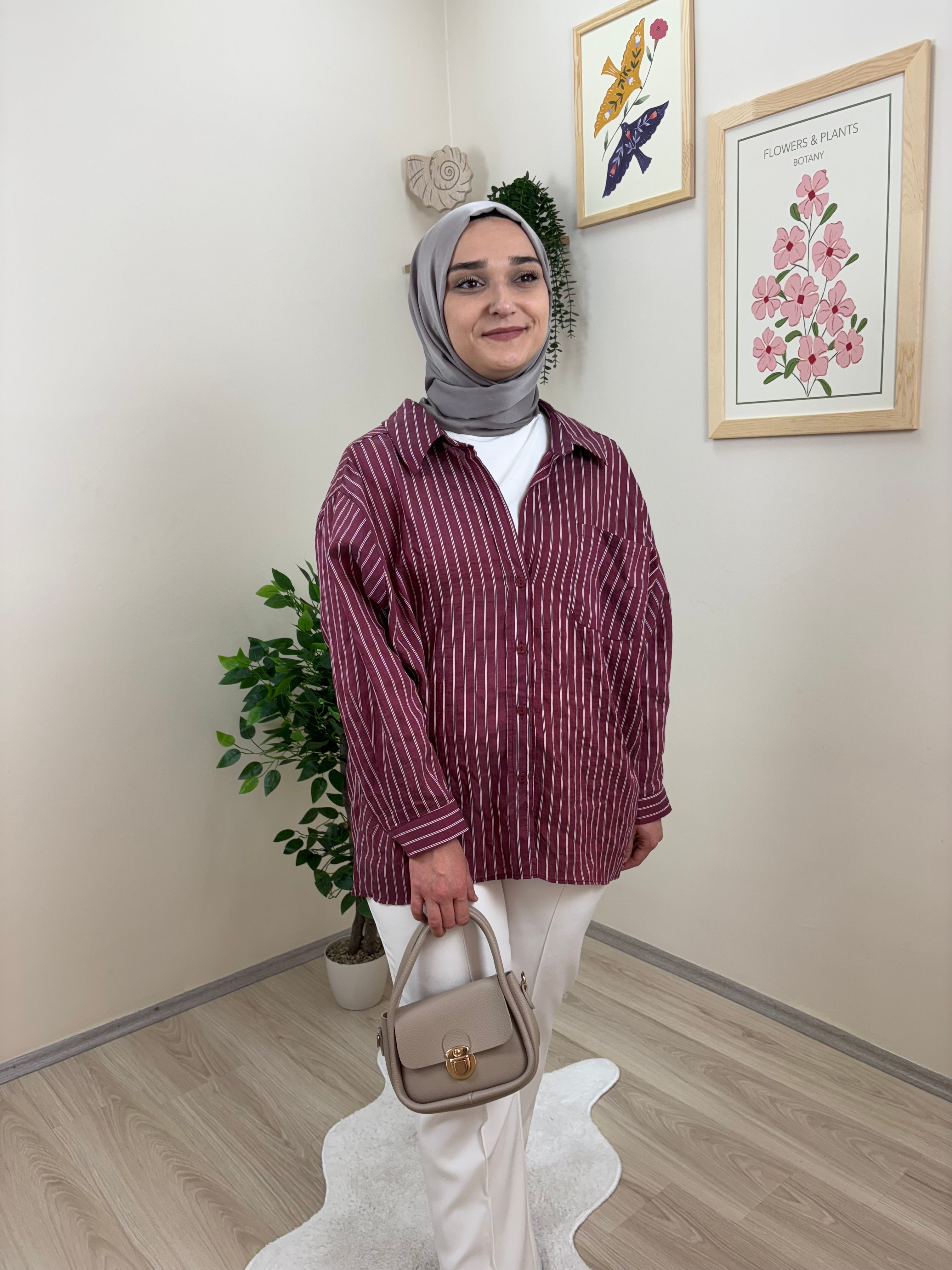 Çift Manşetli Çizgili Gömlek - Bordo