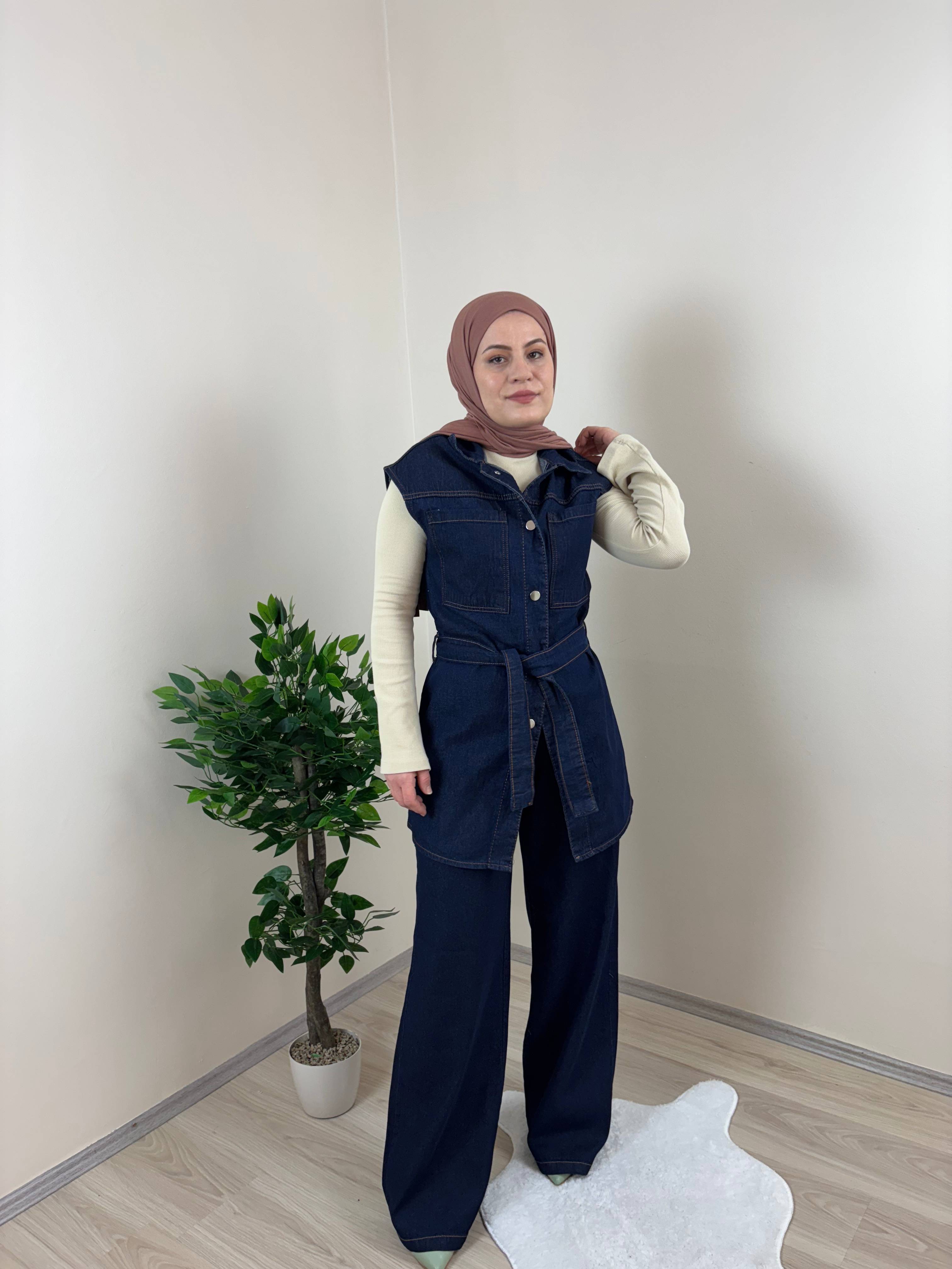 Uzun Yelek Denim Takım