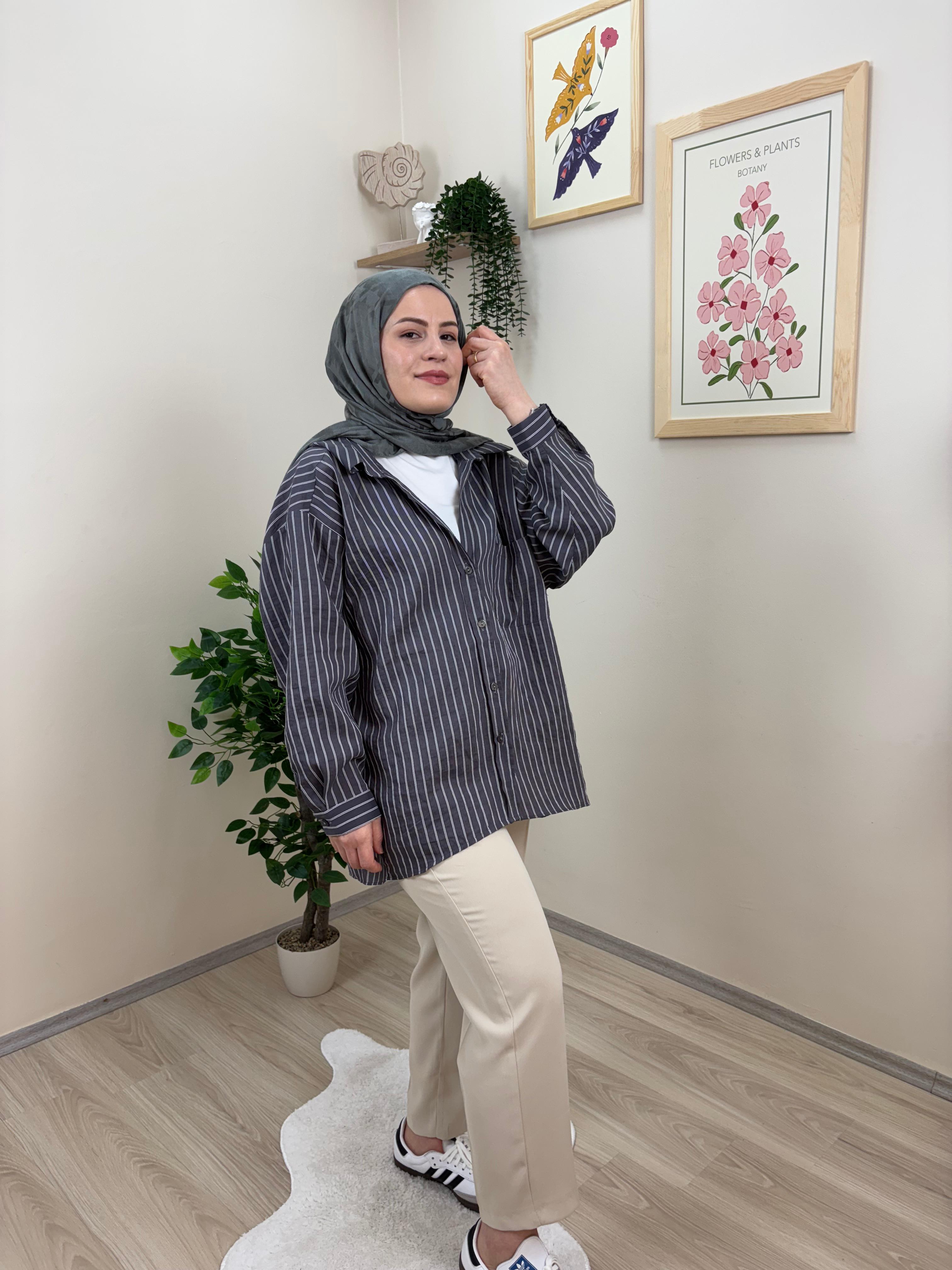 Çift Manşetli Çizgili Gömlek - Gri