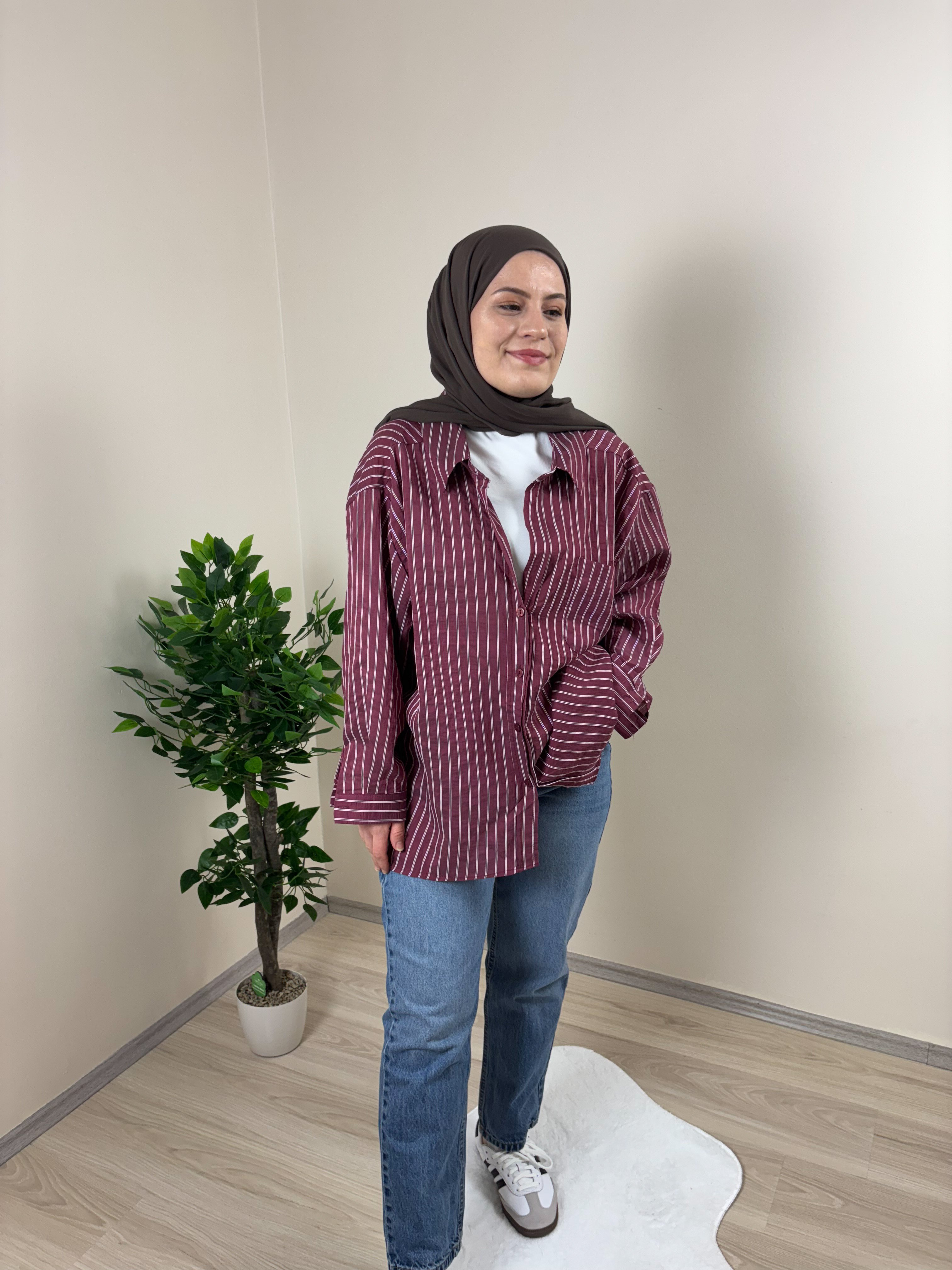 Çift Manşetli Çizgili Gömlek - Bordo