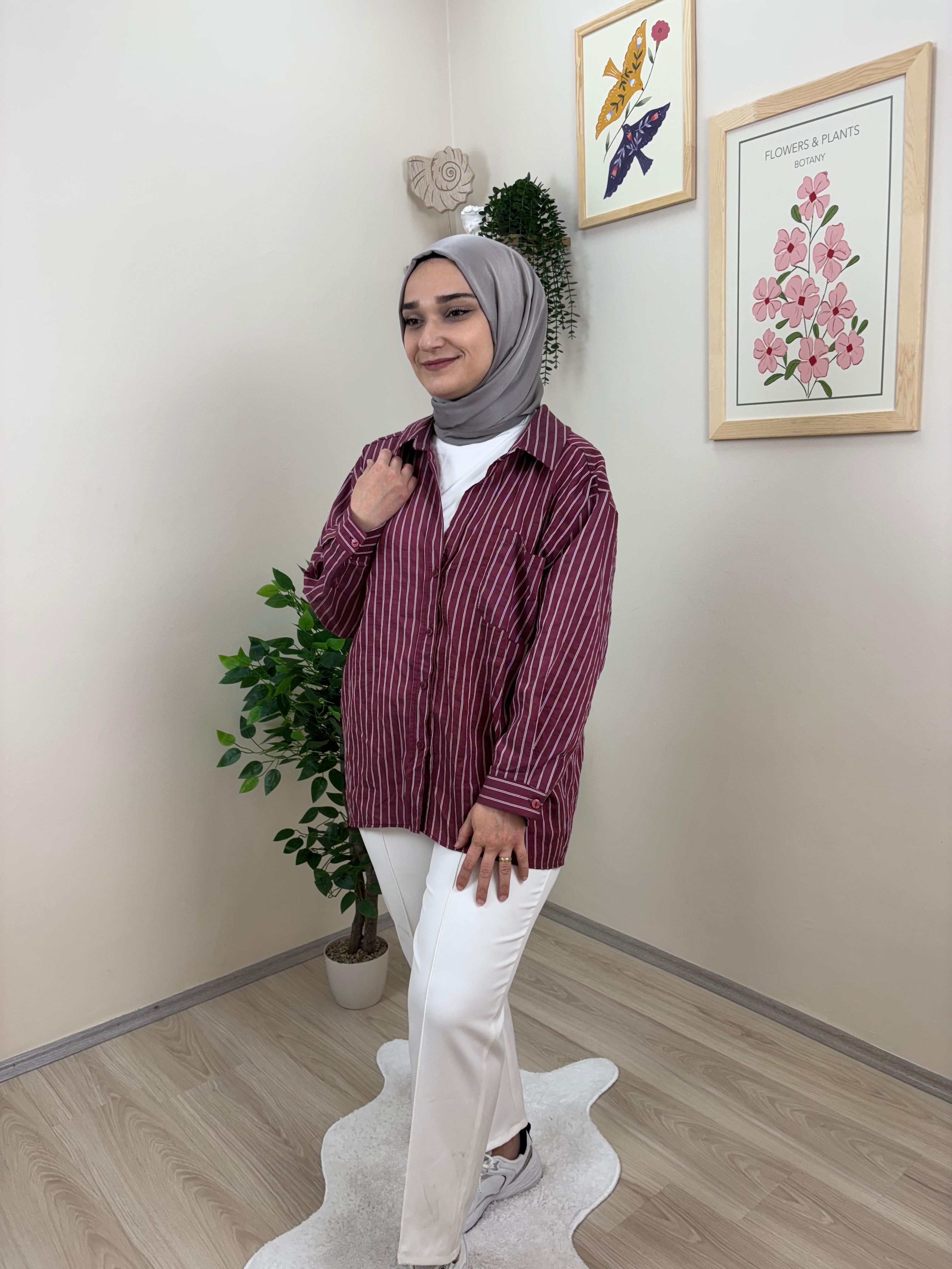 Çift Manşetli Çizgili Gömlek