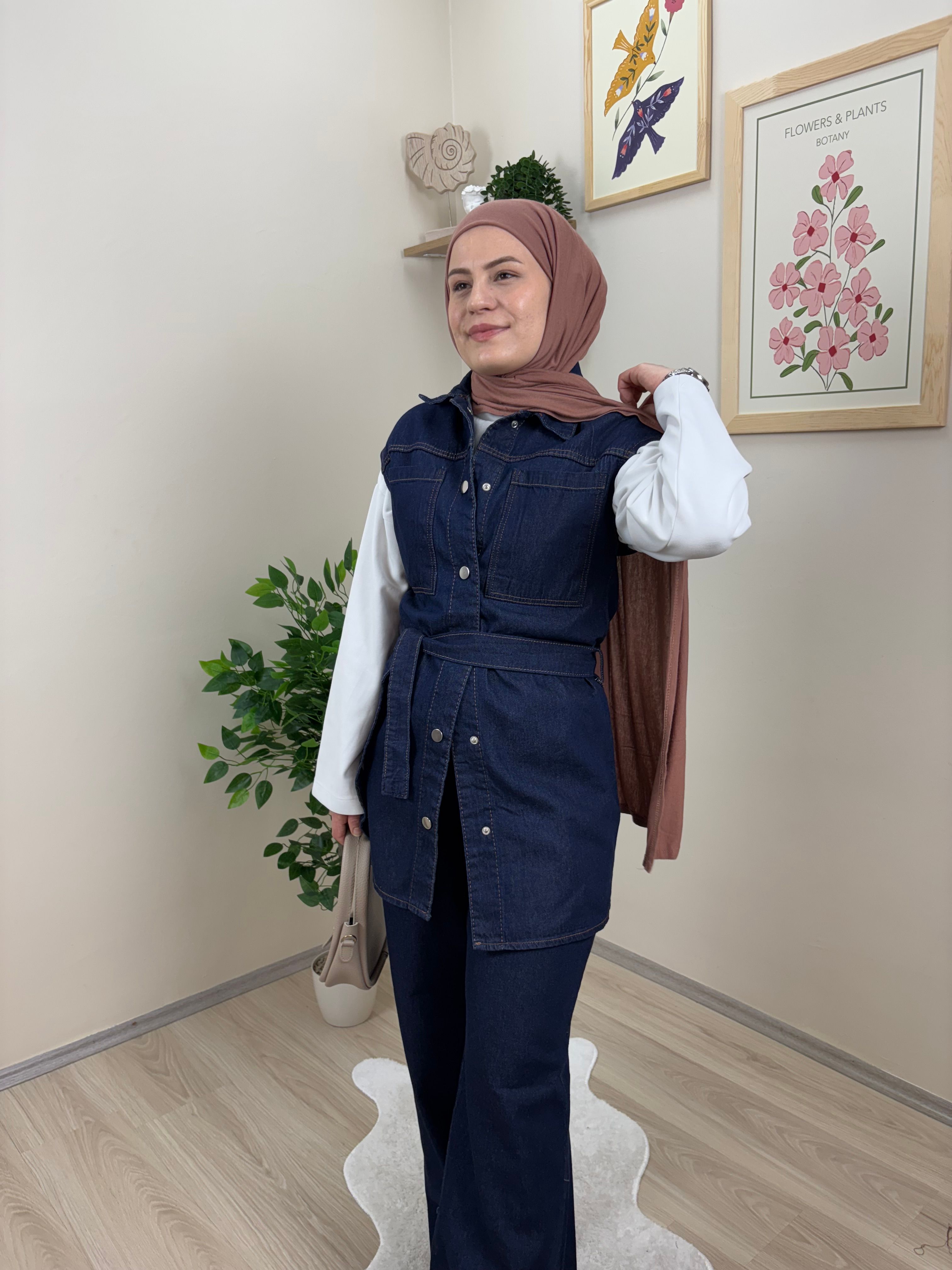 Uzun Yelek Denim Takım