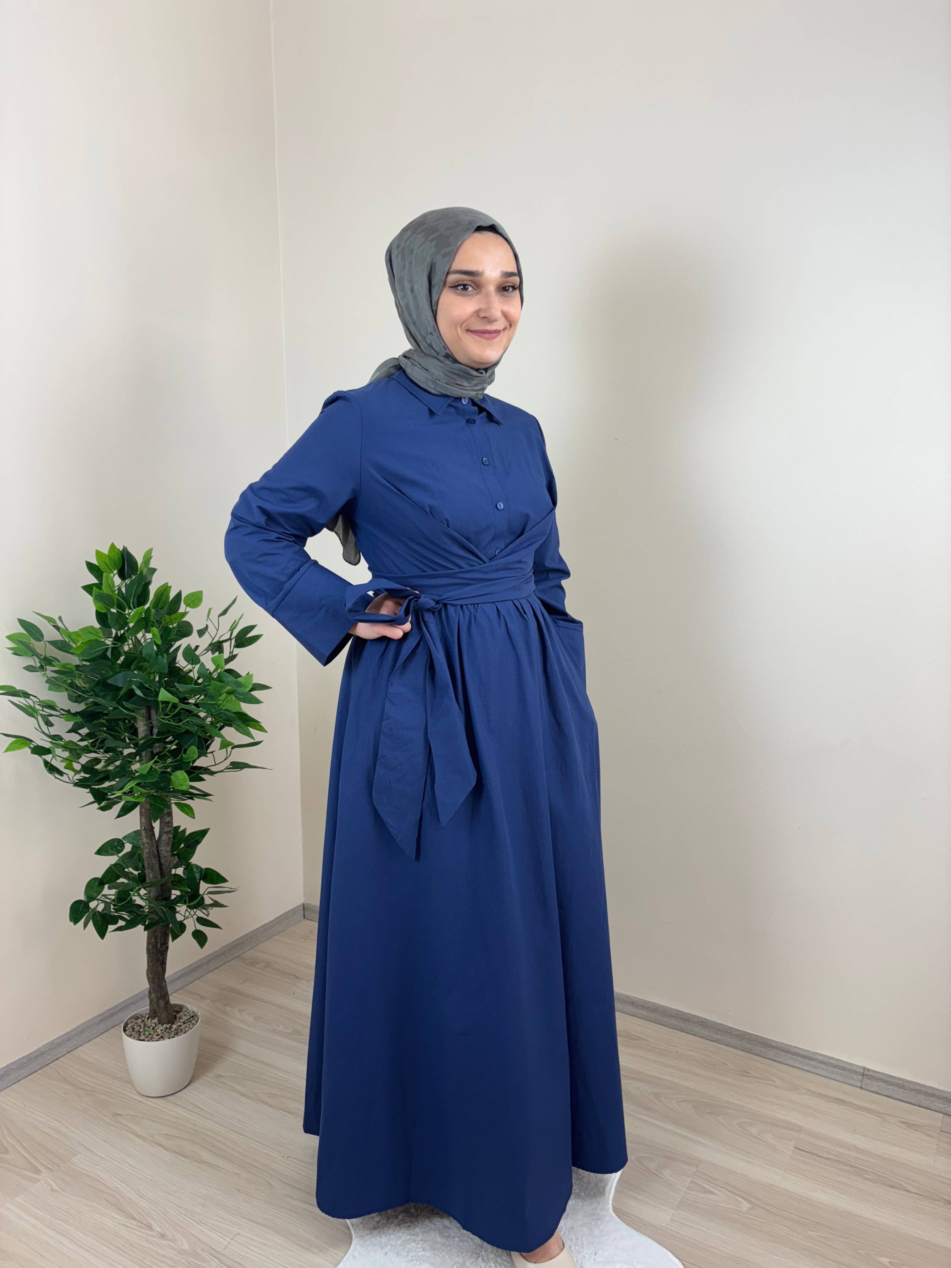 Önü Bağlamalı Premium Elbise - Lacivert