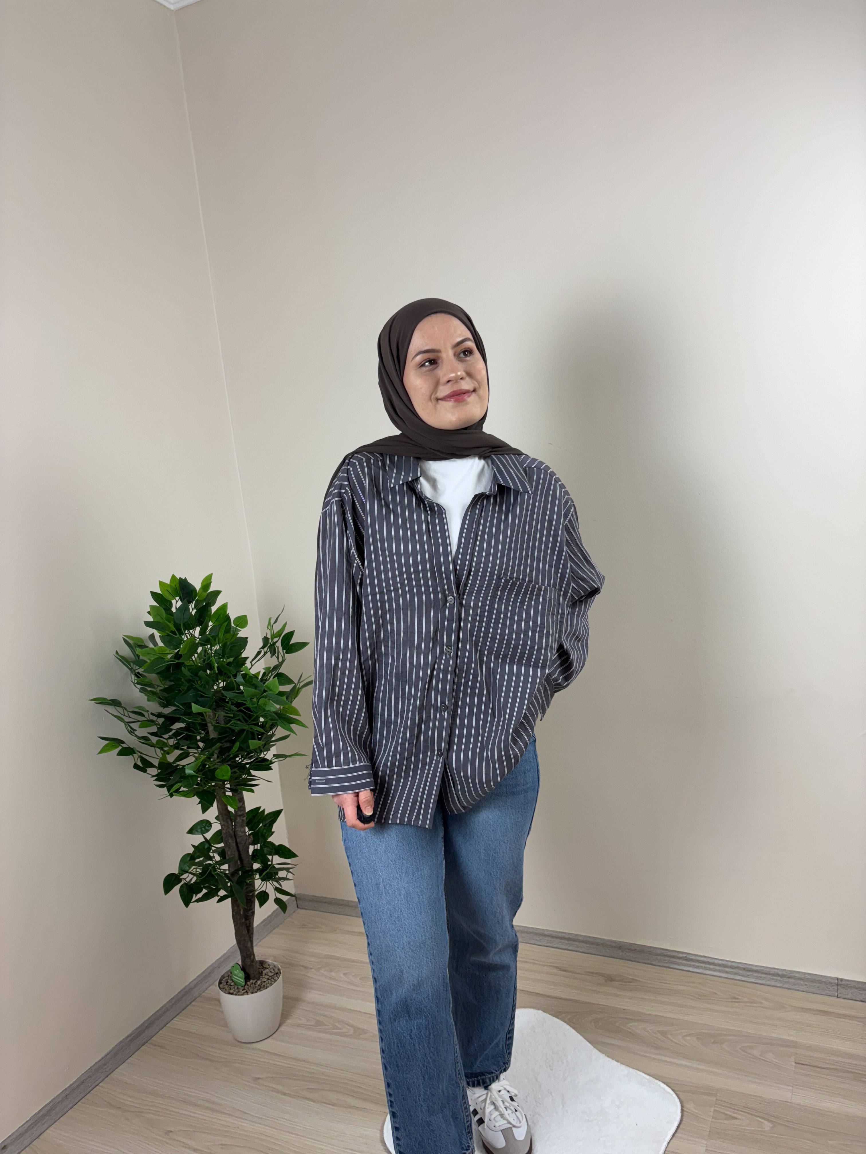 Çift Manşetli Çizgili Gömlek - Gri
