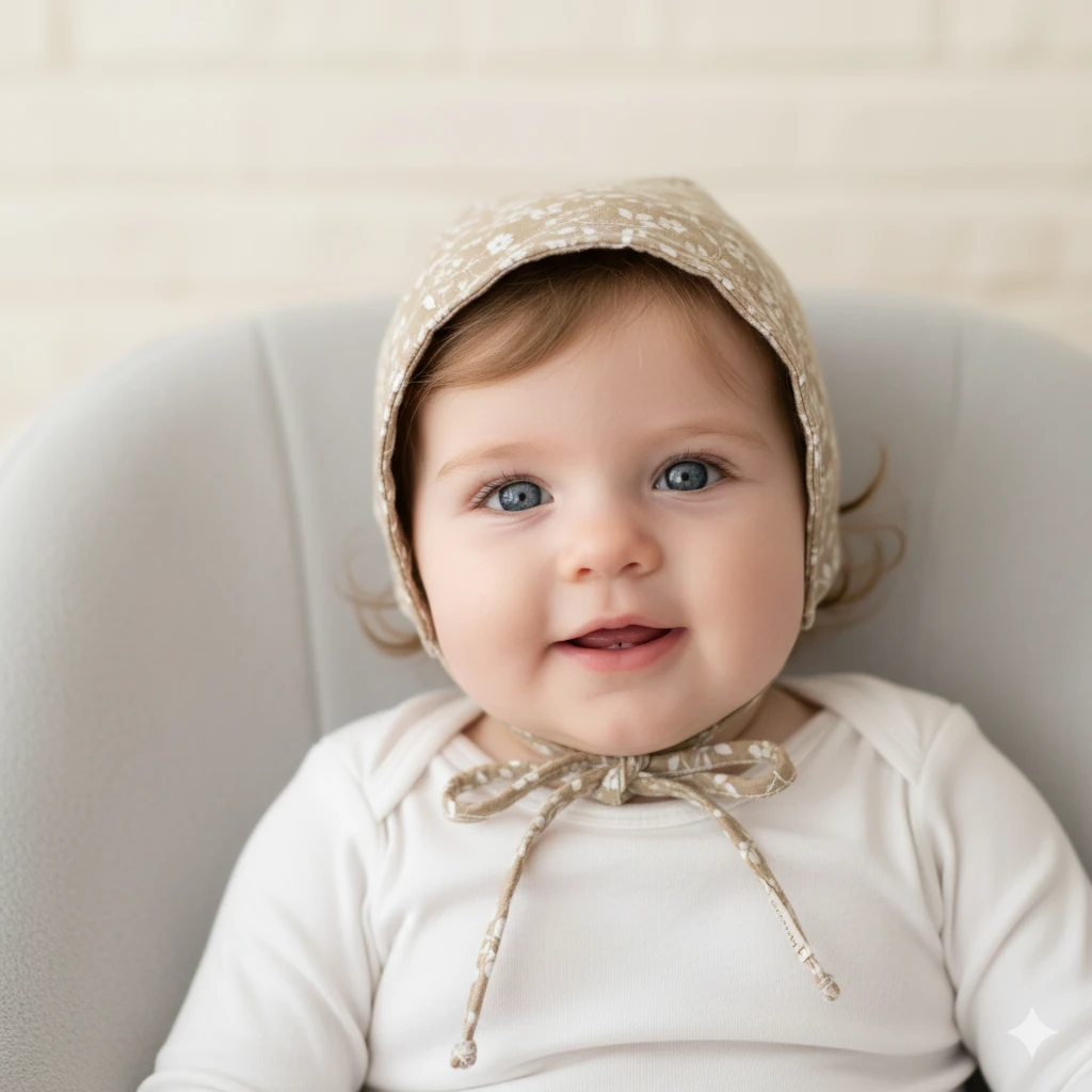 Softnbej Müslin Bonnet Şapka - Bej Çiçekli 