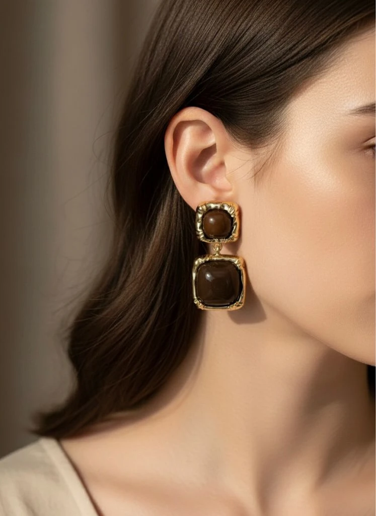  Kadın Gold Renk Çift Kare Taş Detaylı Büyük Sallantılı Küpe