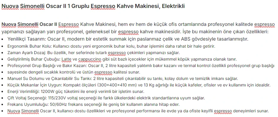 Nuova Simonelli Oscar II 1 Gruplu Espresso Kahve Makinesi, Elektrikli