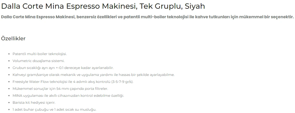 Dalla Corte Mina Espresso Kahve Makinesi, Tek Gruplu Siyah, MINA-1-C