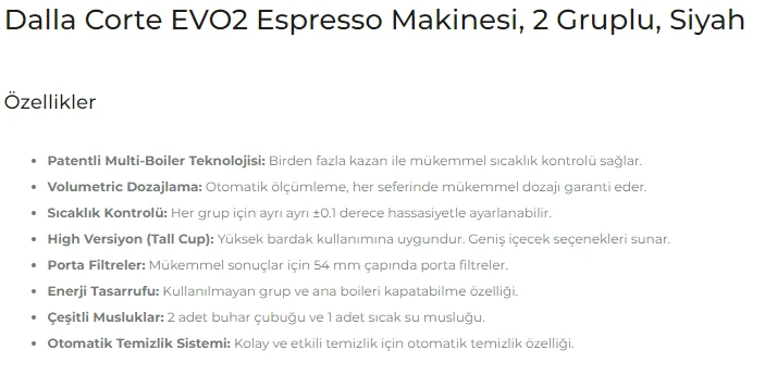 Dalla Corte EVO 2 Espresso Kahve Makinesi, 2 Gruplu Siyah, EVO2-H-2-N