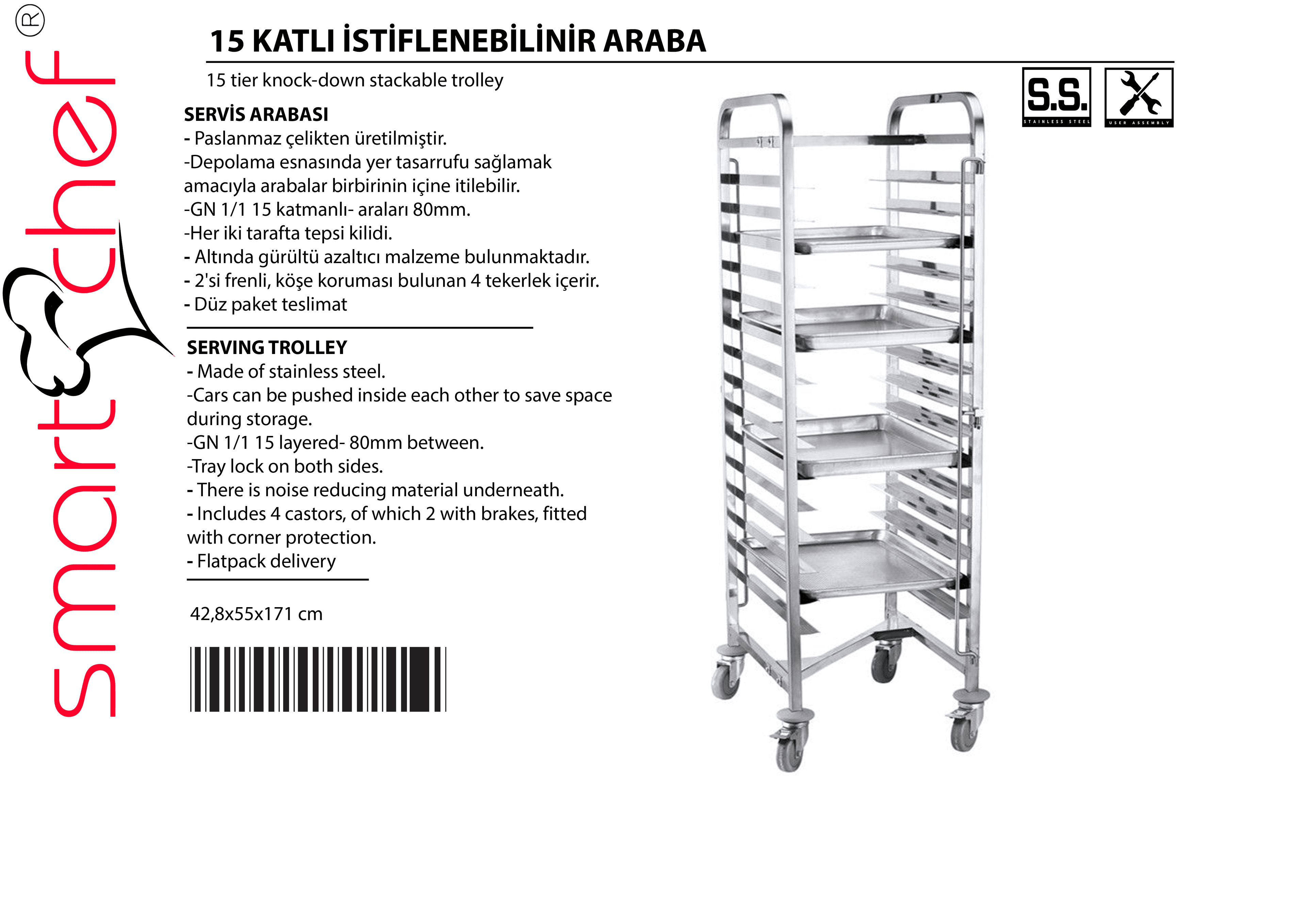 15 Katlı İstiflenebilinir Tepsi Taşıma Arabası