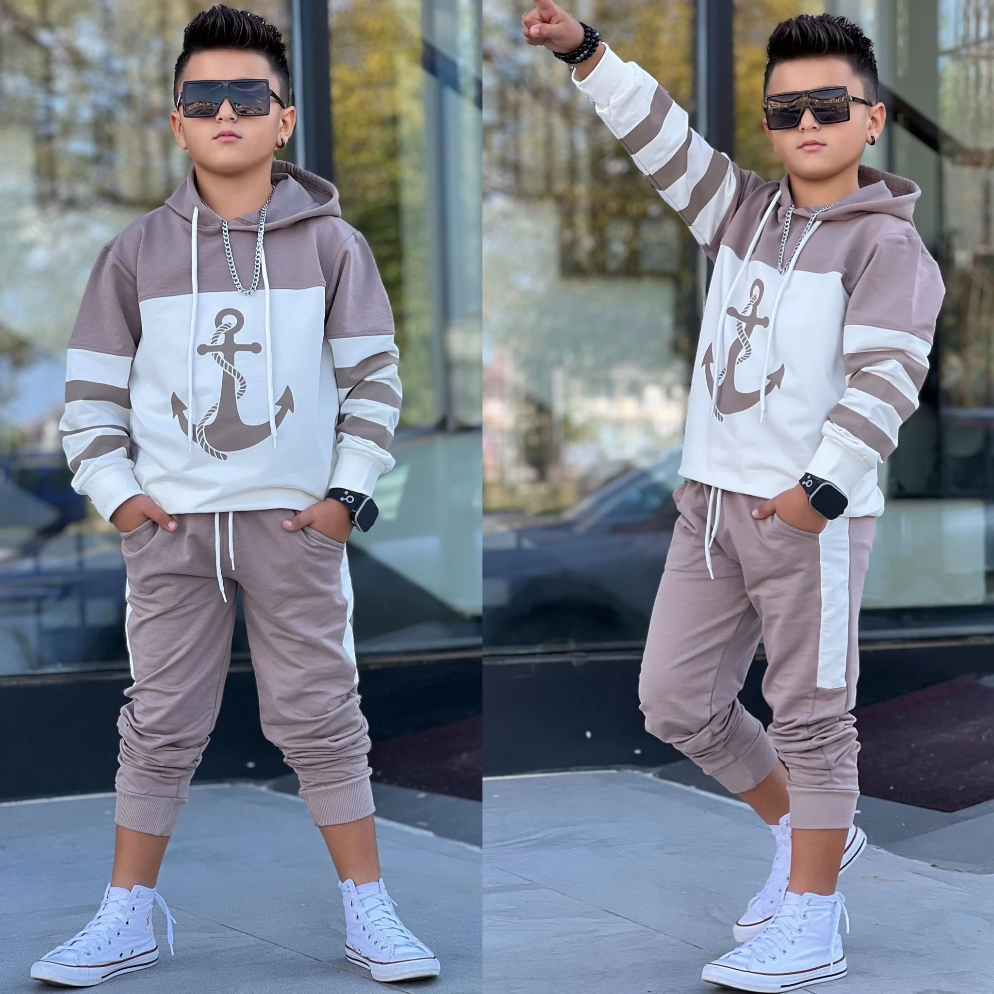 8-16 YAŞ ERKEK ÇOCUK ÇAPA DESENLİ EŞOFMAN TAKIMI - sütlü kahve