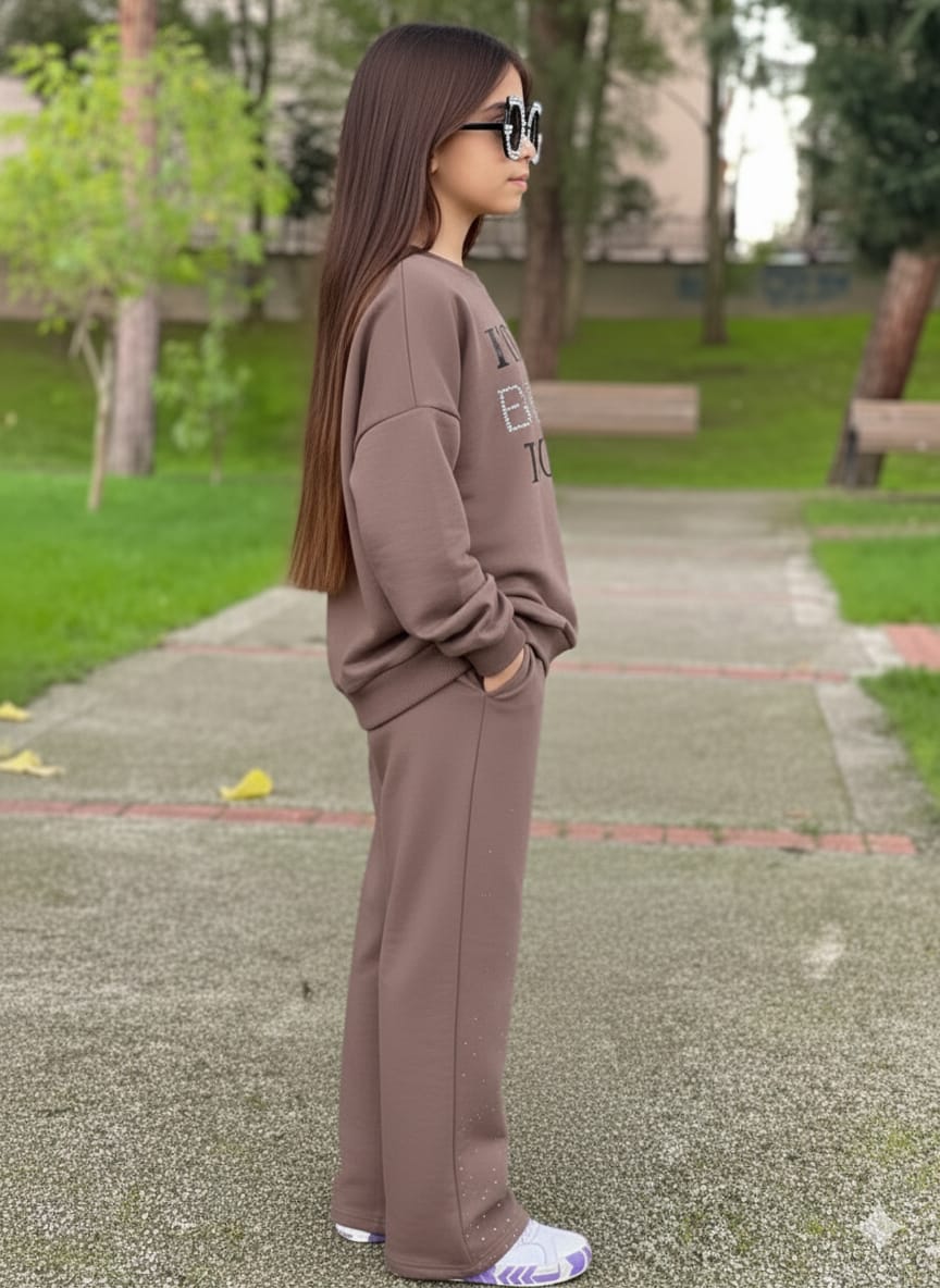 9-16 yaş kız çocuk taş detaylı ispanyol paça eşofman takımı 