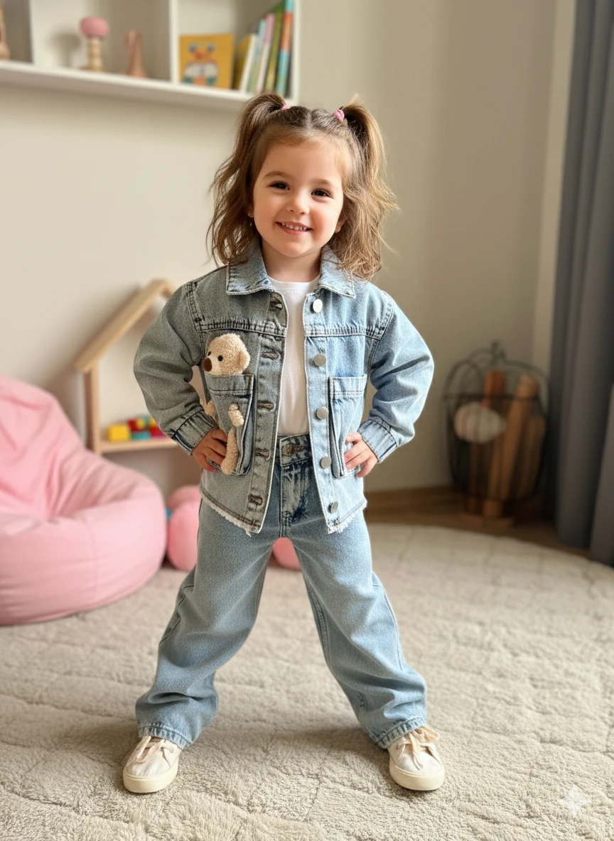 3-10 YAŞ KIZ ÇOCUK AYICIKLI KOT TAKIM