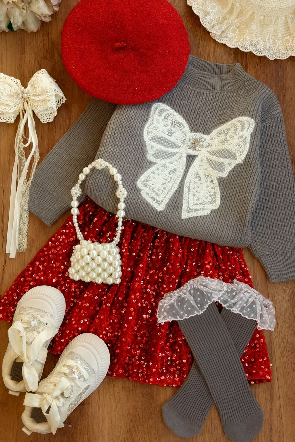3-12 yaş KIZ ÇOCUK ETEKLI AKSESUARLI TAKIM - kırmızı