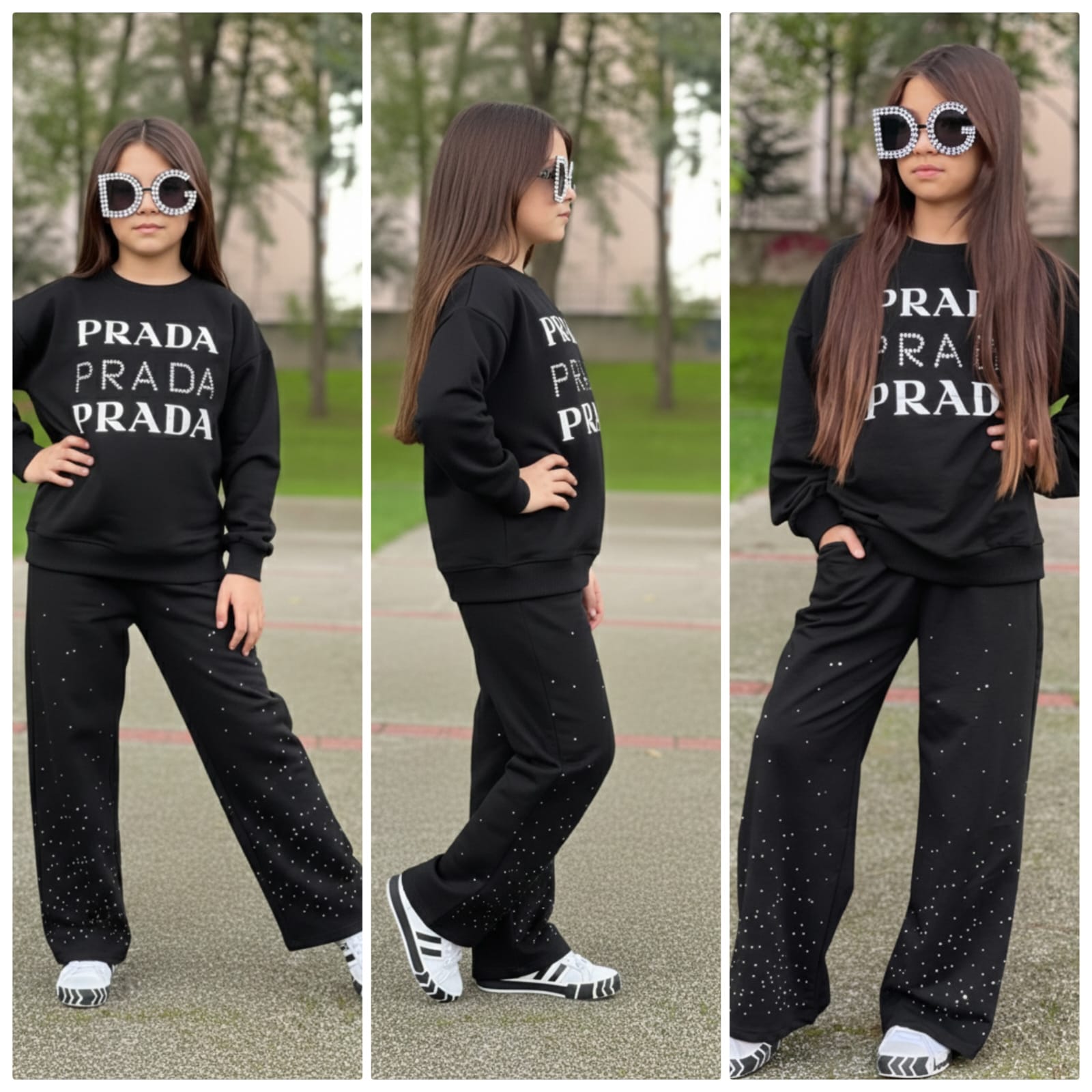 9-16 yaş kız çocuk taş detaylı ispanyol paça eşofman takımı  - siyah