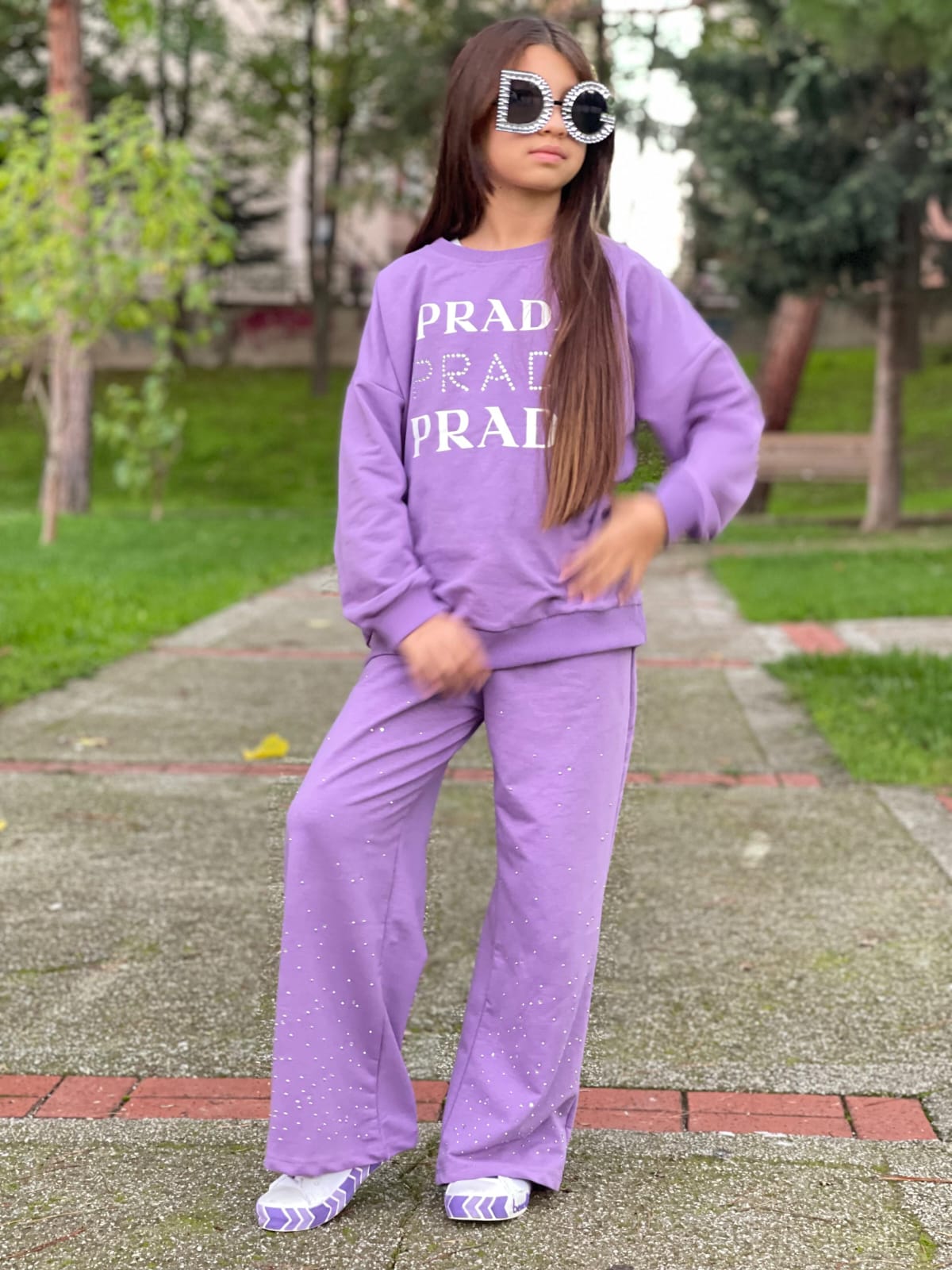 9-16 yaş kız çocuk taş detaylı ispanyol paça eşofman takımı  - lila