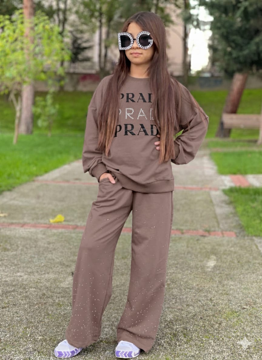 9-16 yaş kız çocuk taş detaylı ispanyol paça eşofman takımı 