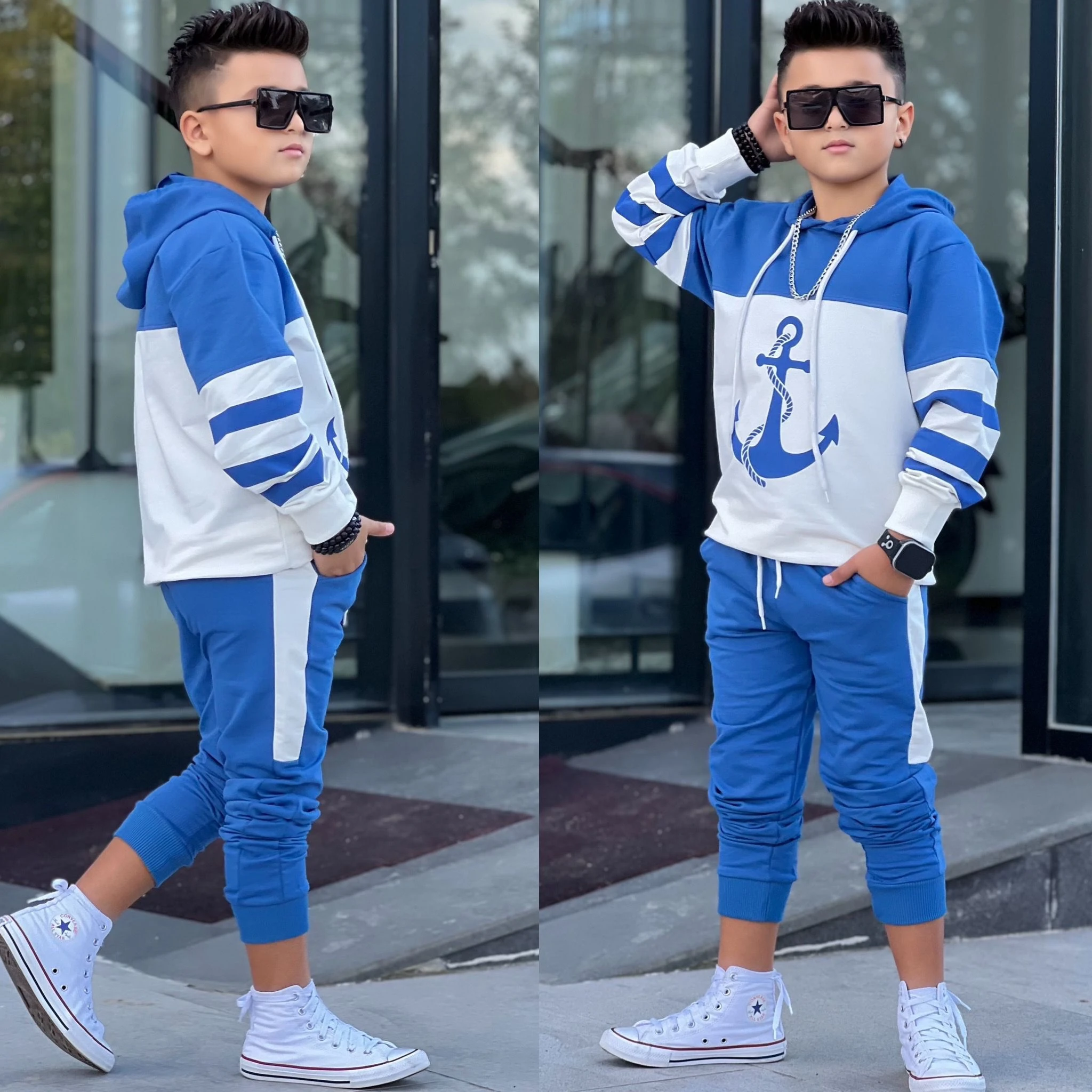 8-16 YAŞ ERKEK ÇOCUK ÇAPA DESENLİ EŞOFMAN TAKIMI - mavi