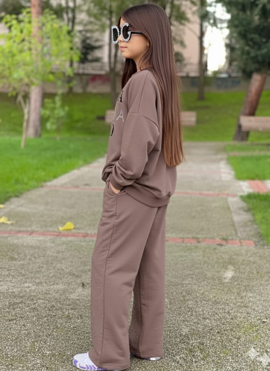 9-16 yaş kız çocuk taş detaylı ispanyol paça eşofman takımı 