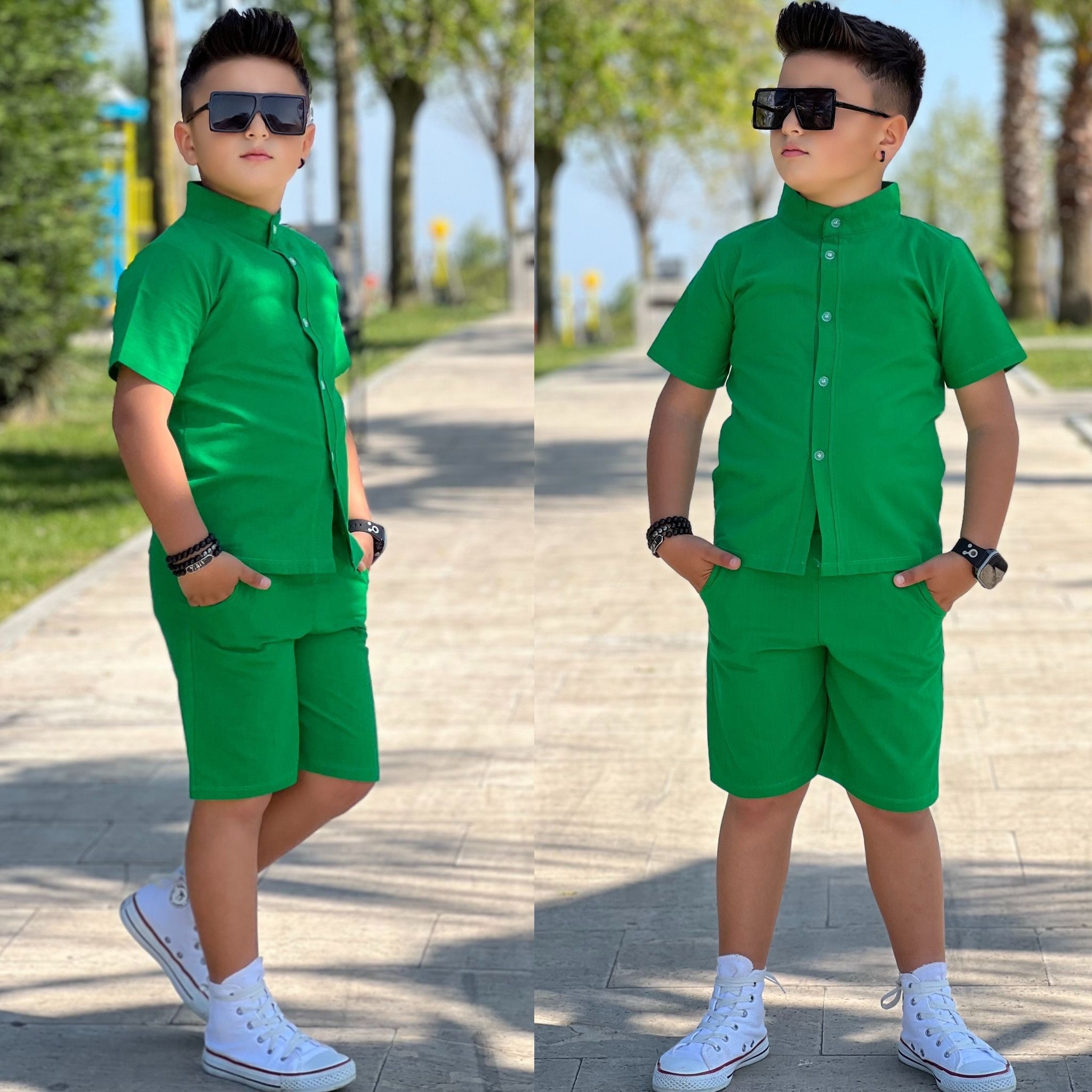 7-16 YAŞ ERKEK ÇOCUK KETEN ŞORTLU TAKIM - yesil