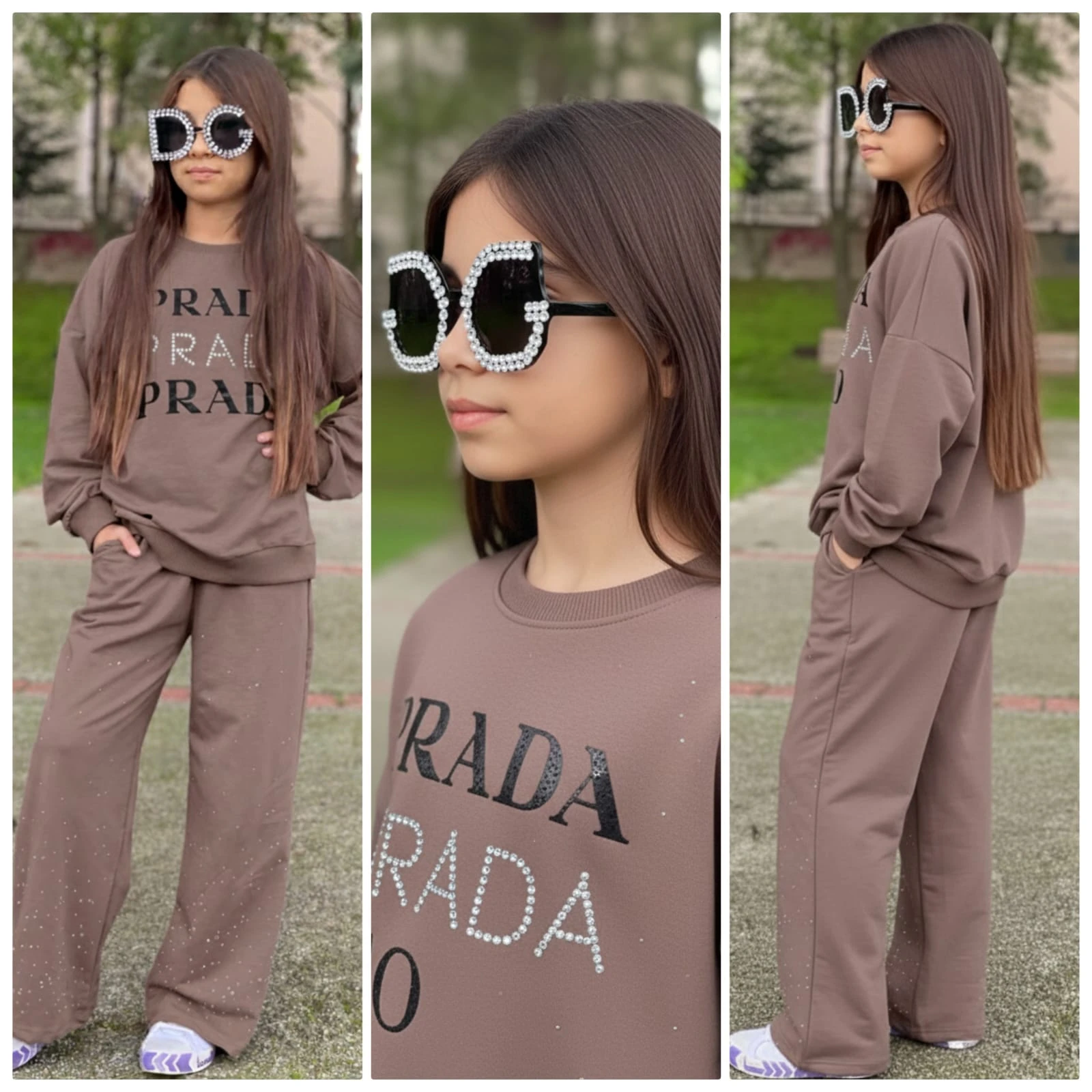 9-16 yaş kız çocuk taş detaylı ispanyol paça eşofman takımı 