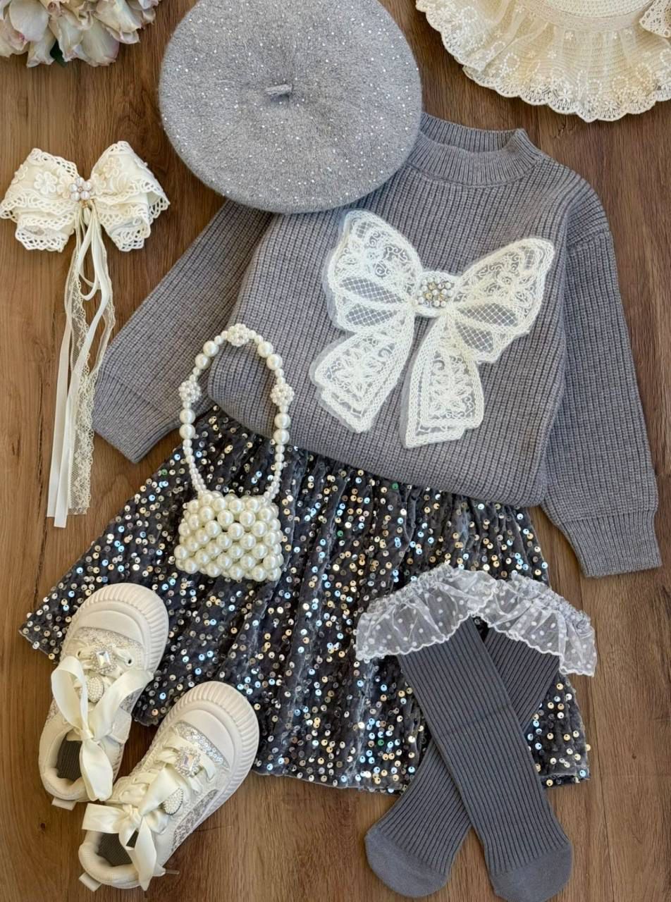 3-12 yaş KIZ ÇOCUK ETEKLI AKSESUARLI TAKIM - gri