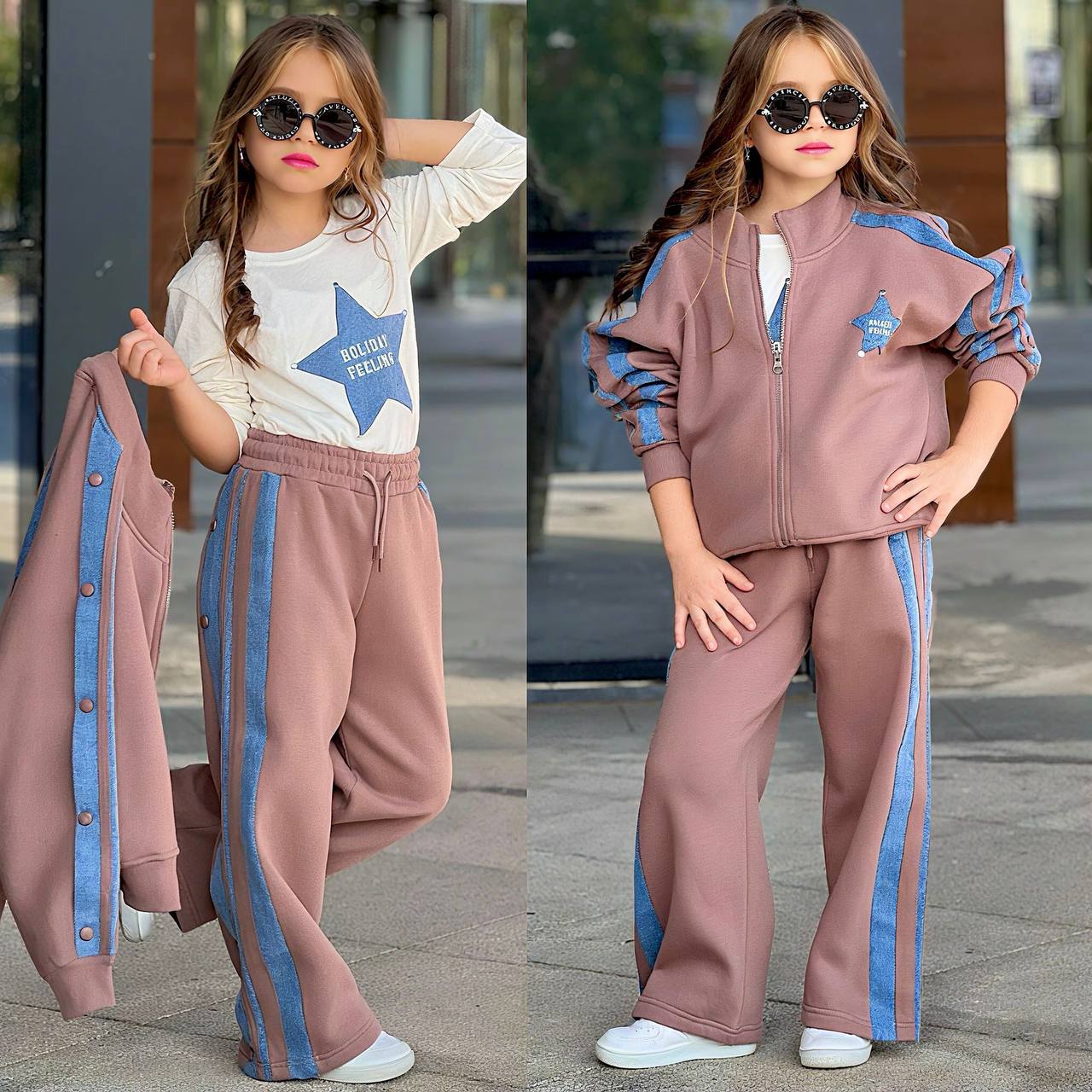 5-14 yaş KIZ ÇOCUK 3LÜ EŞOFMAN TAKIMI - GÜL KURUSU