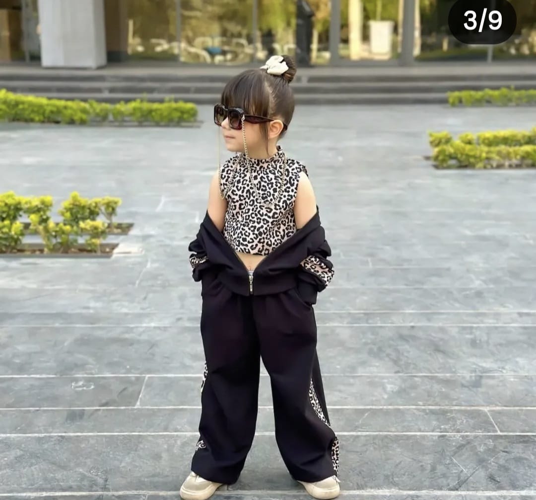 4-14 Yaş KIZ ÇOCUK LEOPAR DETAYLI EŞOFMAN TAKIMI - siyah