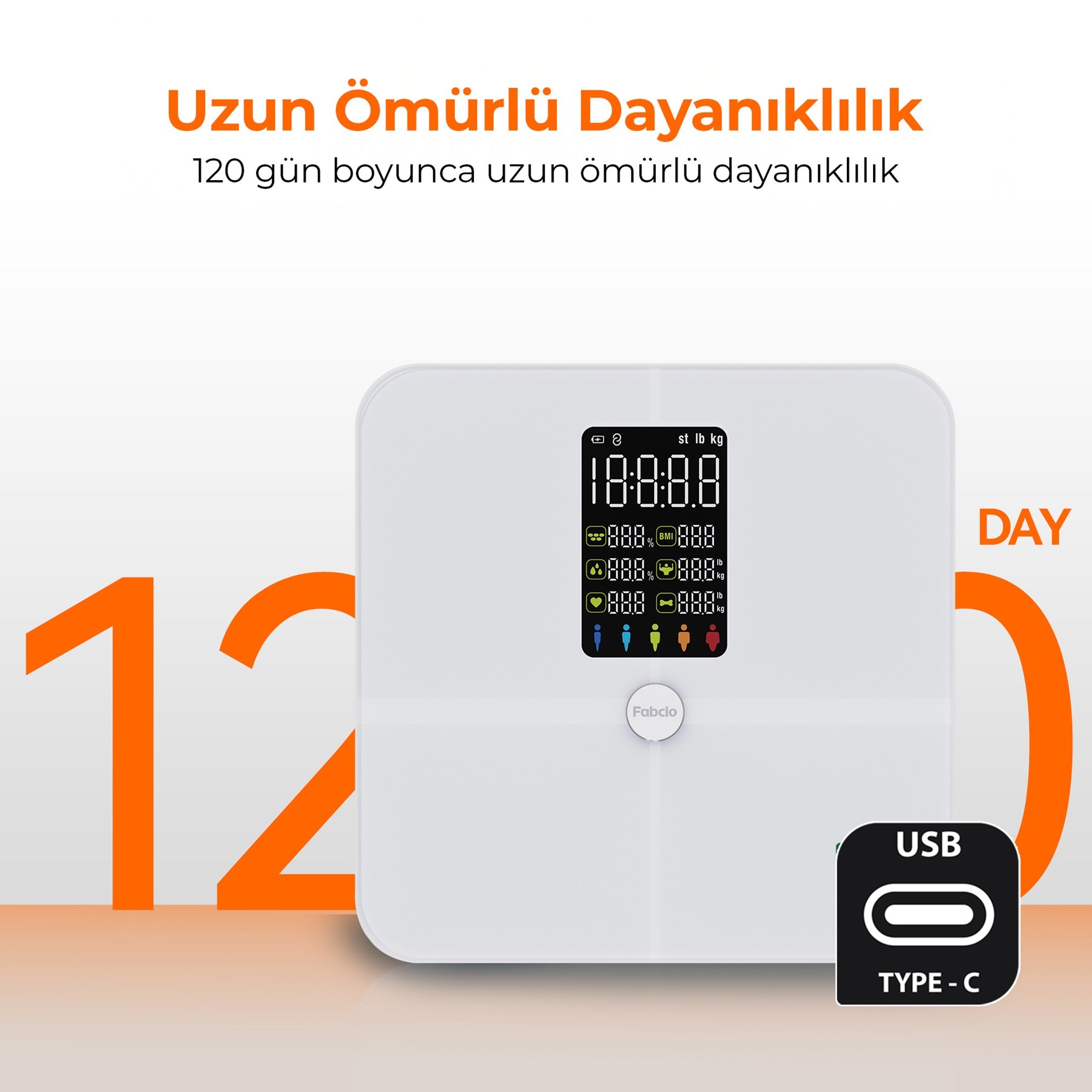 Fabcio FitSmart Plus Bluetooth Çok Fonksiyonlu Yağ Ölçer Akıllı Tartı 