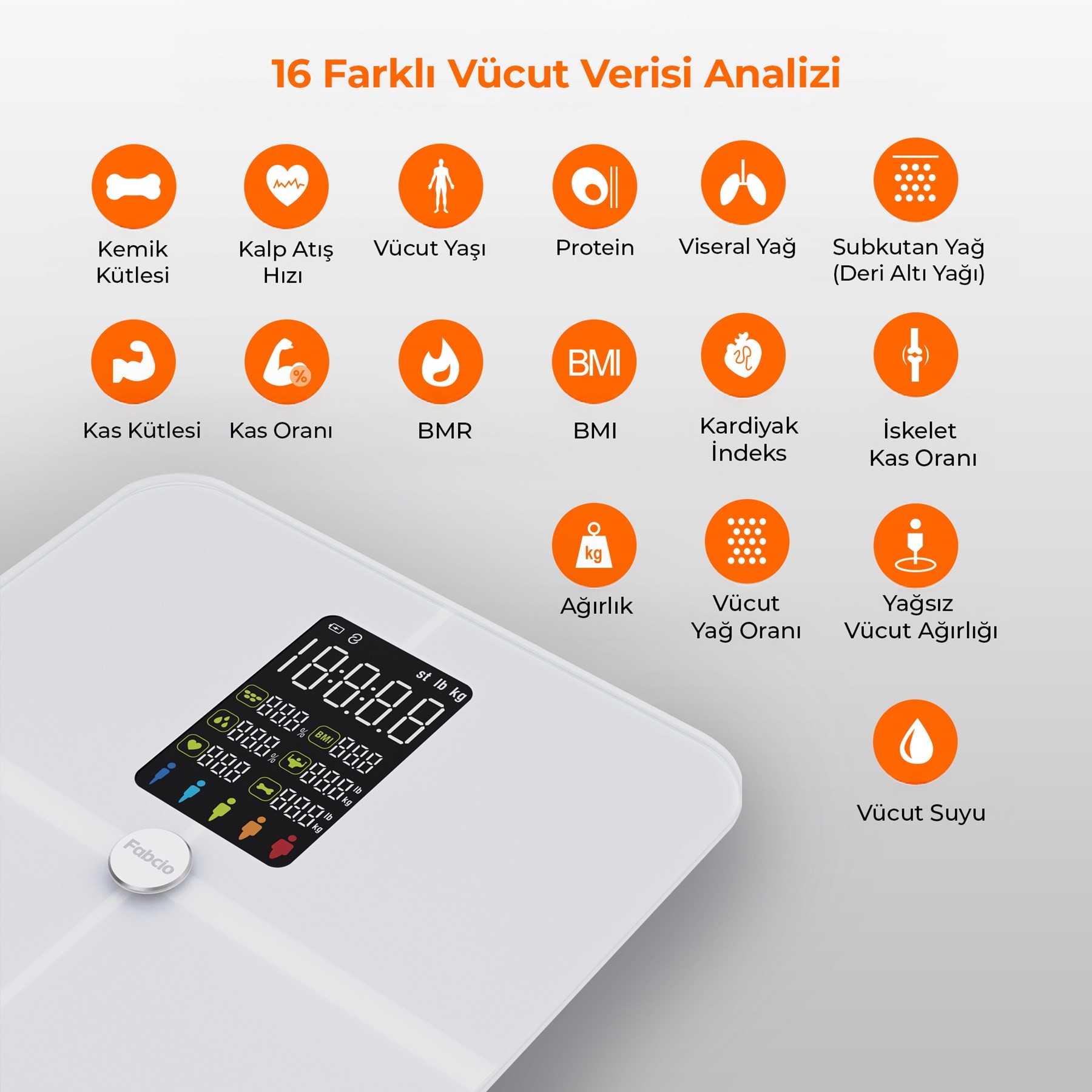 Fabcio FitSmart Plus Bluetooth Çok Fonksiyonlu Yağ Ölçer Akıllı Tartı 