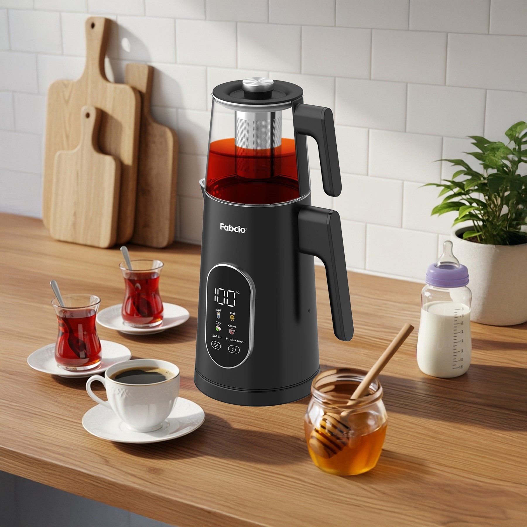 Fabcio Aroma Smart Sıcaklık Kontrollü 1500W Dokunmatik Çelik Çay Makinesi