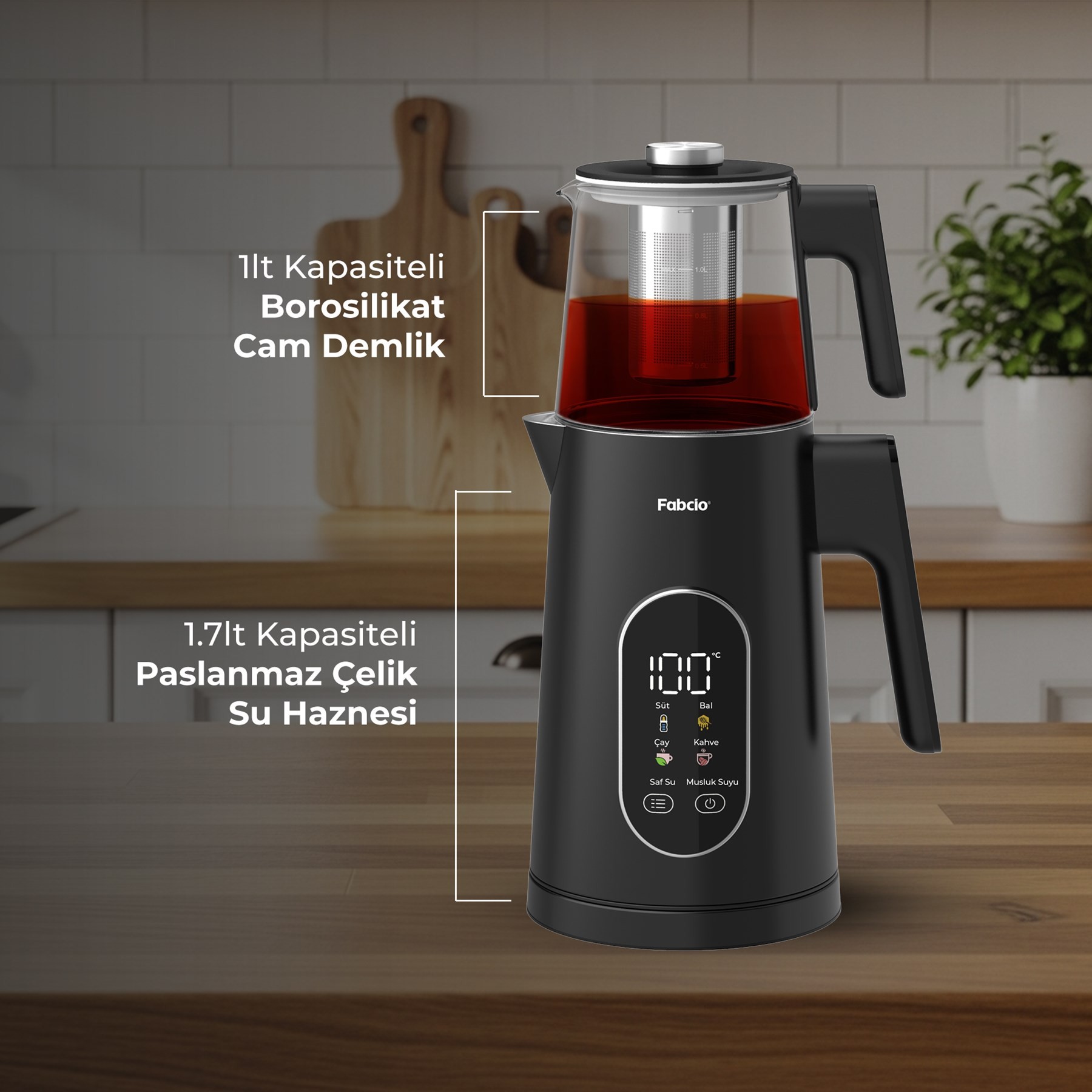 Fabcio Aroma Smart Sıcaklık Kontrollü 1500W Dokunmatik Çelik Çay Makinesi