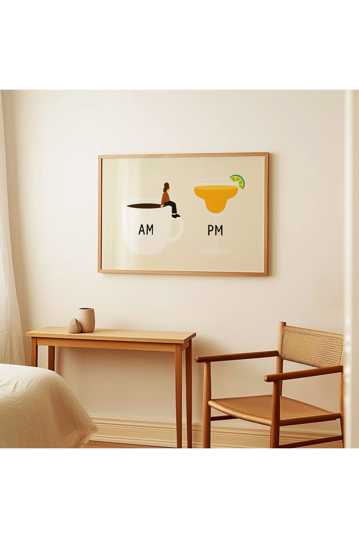 AM PM - Minimalist Çizim Kahve ve Kokteyl Poster - Tablo Ölçülerinde Çerçevesiz Poster