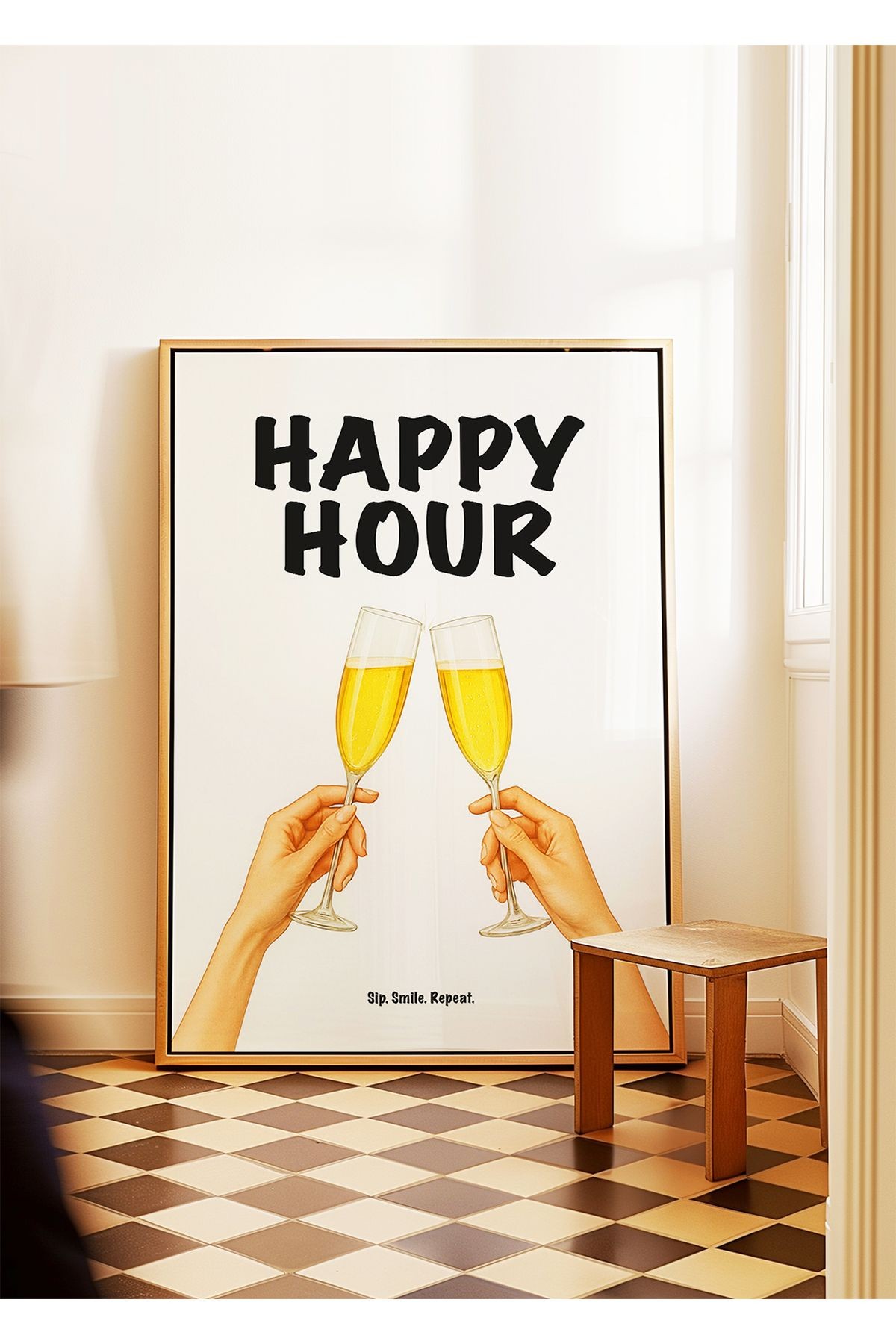 Happy Hour Poster – Şampanya Kadehli Modern Duvar Posteri - Çerçevesiz Poster