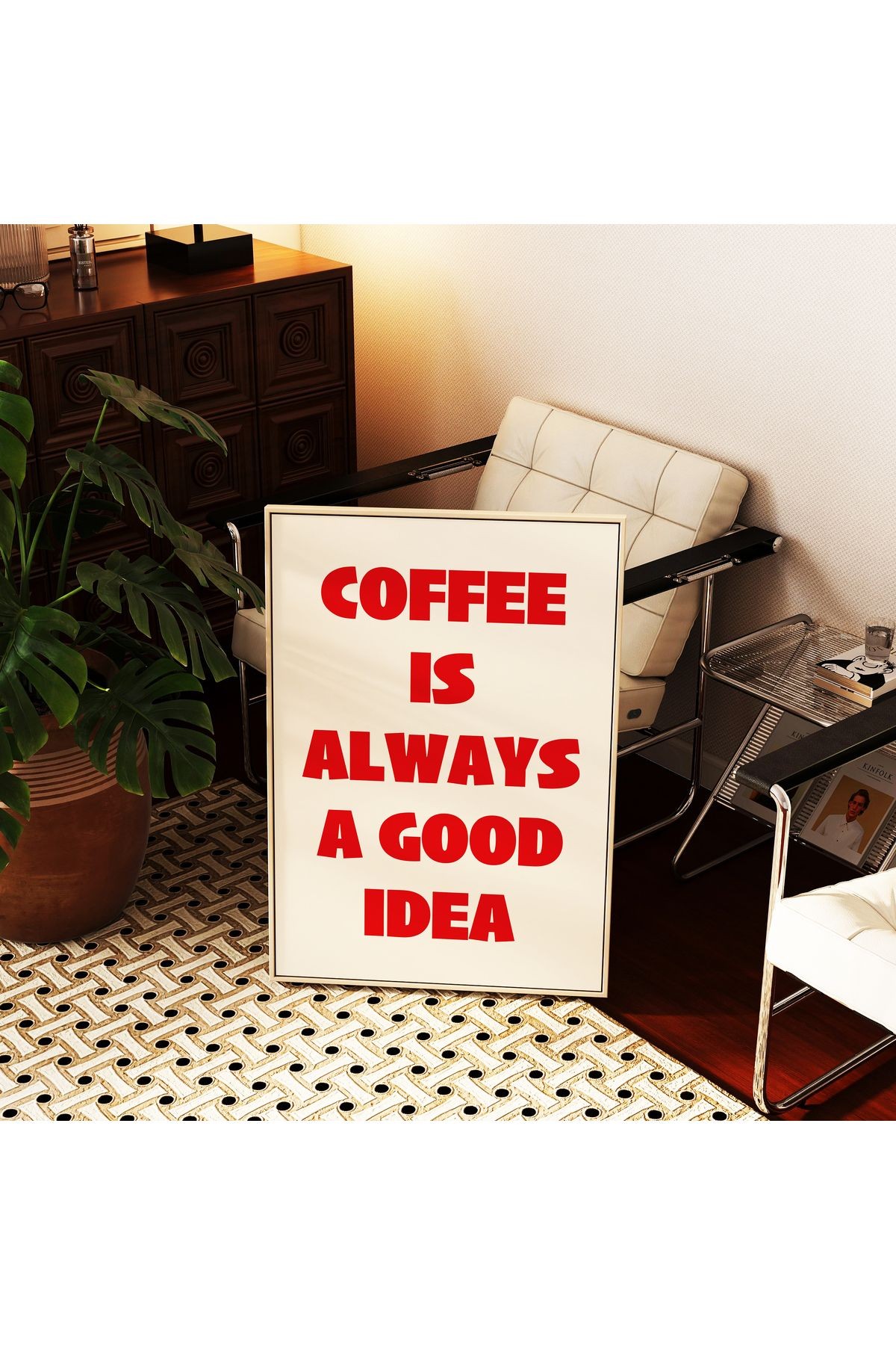 Coffee is always a good idea Poster – Kırmızı - Modern Tipografi Kahve Posteri - Çerçevesiz Poster